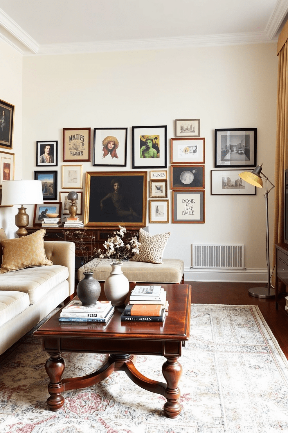 Create an inviting NYC apartment interior that seamlessly blends modern aesthetics with vintage charm. The living area features a plush velvet sofa paired with an antique wooden coffee table, adorned with a collection of vintage books and a sculptural vase. The walls are painted in a soft cream hue, complemented by a gallery of eclectic framed art pieces. A vintage rug anchors the space, while a mid-century floor lamp adds a warm glow to the cozy reading nook by the window.