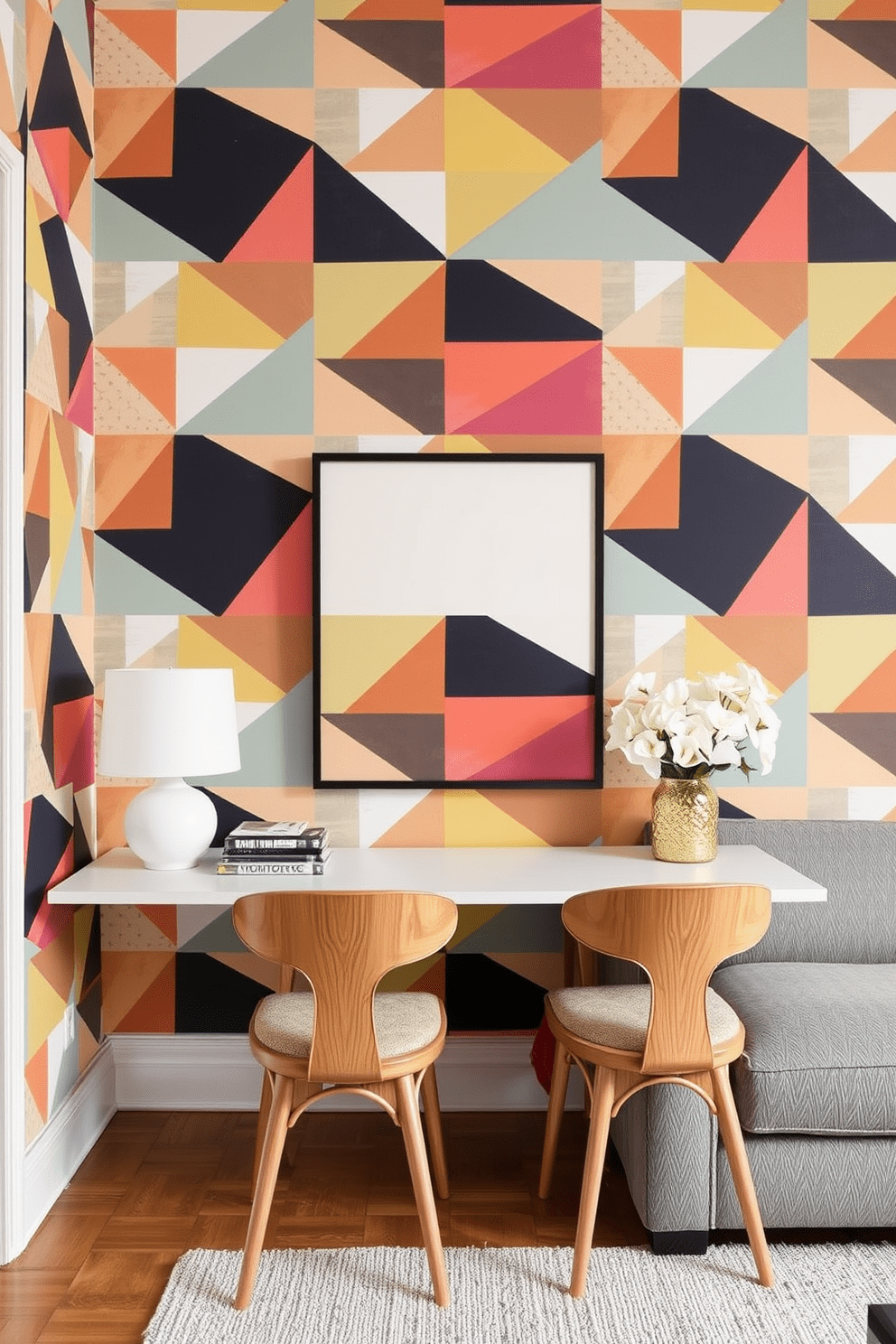 Create an accent wall using bold geometric wallpaper that adds a modern touch to the NYC apartment. The wallpaper features a mix of vibrant colors and shapes that complement the overall decor of the space.