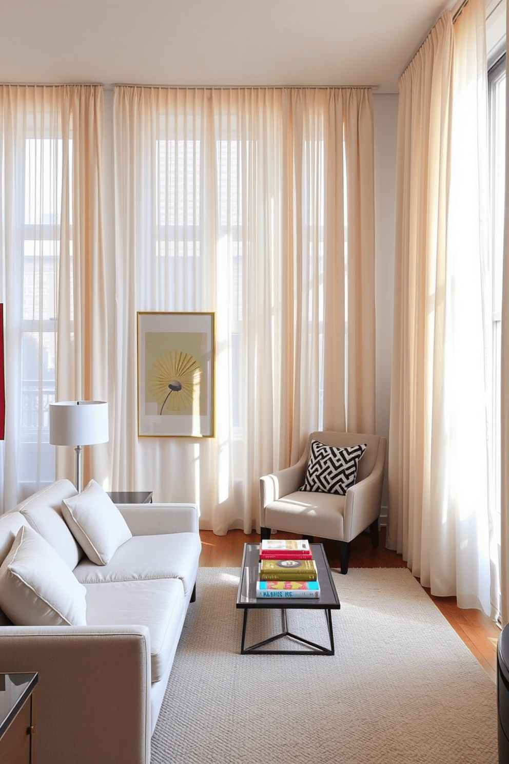 A chic NYC apartment living room features light, airy curtains that gently filter sunlight, creating a warm and inviting atmosphere. The space is adorned with modern furniture, including a sleek sofa and a stylish coffee table, complemented by vibrant artwork on the walls. In the corner, a cozy reading nook is set up with a comfortable armchair and a small bookshelf, enhancing the room's functionality. The color palette combines soft neutrals with pops of color, giving the apartment a fresh and contemporary vibe.