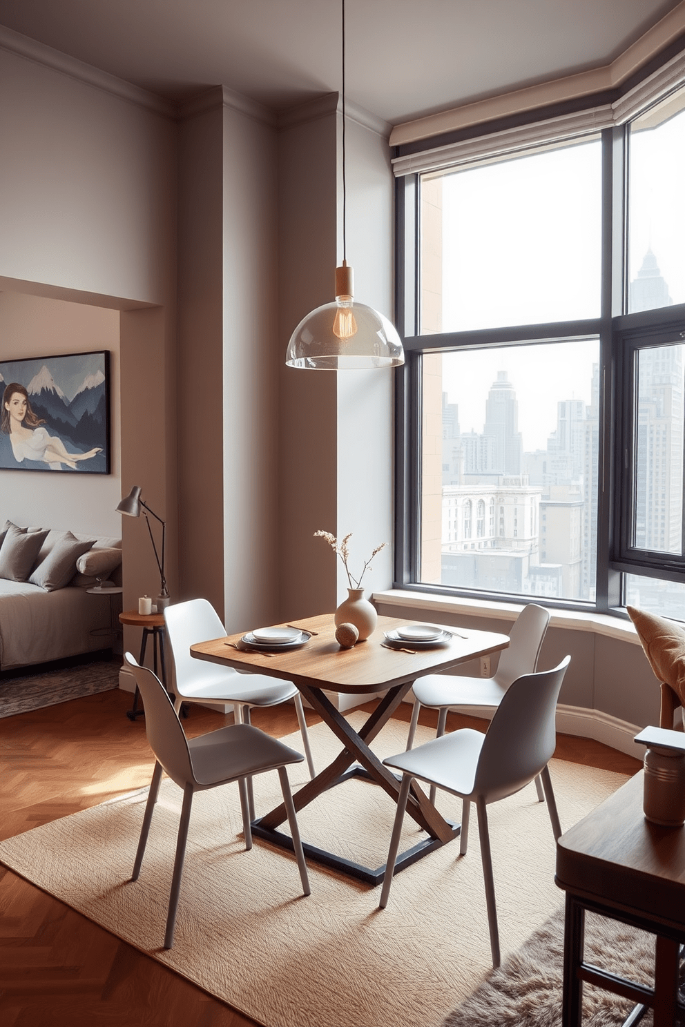 A stylish NYC apartment features a compact foldable dining table that seamlessly blends functionality with modern aesthetics. The table is surrounded by sleek, minimalist chairs, and the space is illuminated by a statement pendant light overhead. The dining area is designed with a warm color palette, incorporating soft grays and rich wood tones. Large windows allow natural light to flood the room, enhancing the cozy atmosphere and showcasing city views.