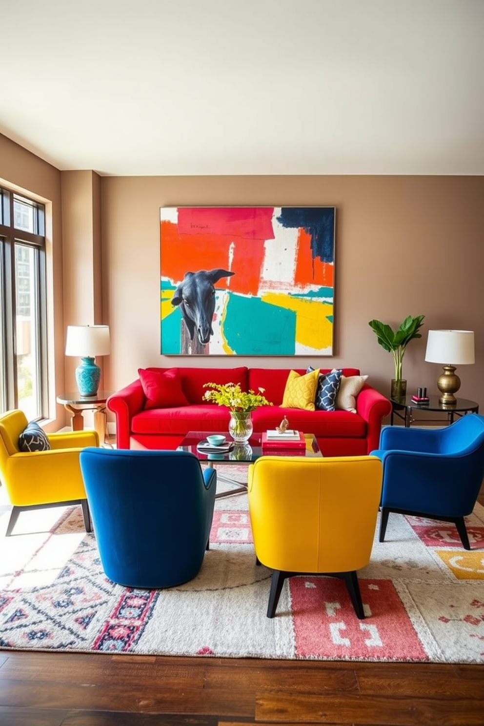 A vibrant living room featuring a bold red velvet sofa as the centerpiece. Surrounding the sofa are eclectic accent chairs in bright yellow and deep blue, complemented by a geometric coffee table. The walls are adorned with large abstract art pieces that incorporate vivid colors. A plush area rug with a mix of bold patterns anchors the space, while large windows allow natural light to flood in.