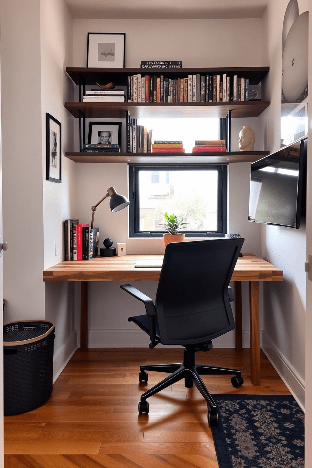 A stylish compact home office area in a New York City apartment. The space features a sleek modern desk made of reclaimed wood and a comfortable ergonomic chair, positioned near a large window that lets in plenty of natural light. Shelves filled with books and decorative items line the wall above the desk, adding personality and function. A small potted plant sits on the desk, bringing a touch of greenery to the urban setting.