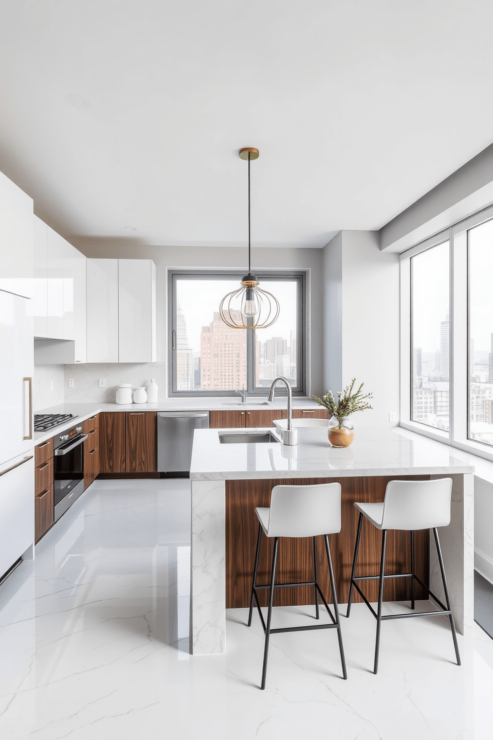 A modern kitchen in a NYC apartment featuring a sleek breakfast bar with high stools. The bar is finished in dark wood and contrasts beautifully with the light marble countertops and white cabinetry. Large windows allow natural light to flood the space, highlighting the open layout and urban views. A stylish pendant light hangs above the breakfast bar, adding a touch of sophistication to the design.