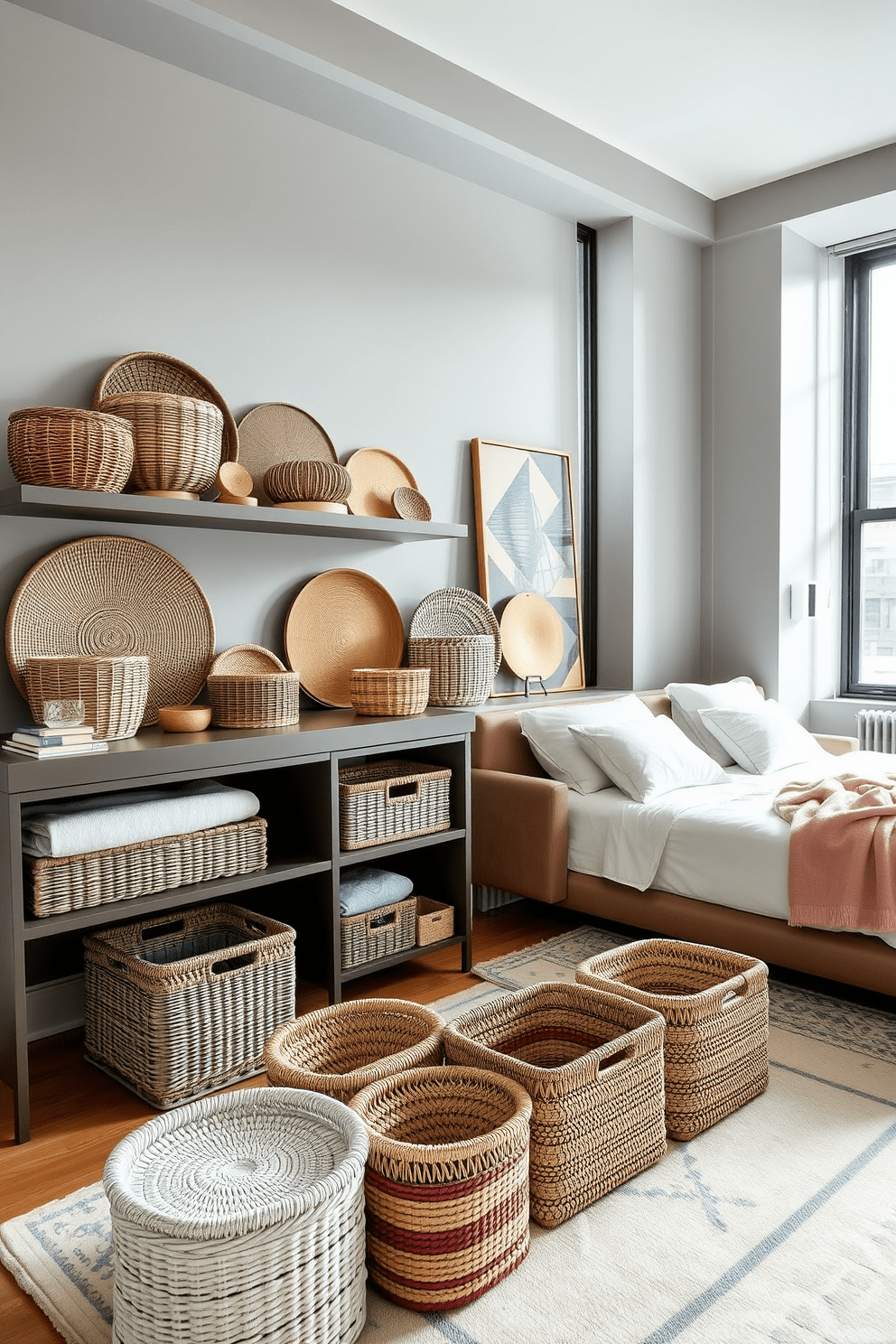 A chic NYC apartment living room features decorative baskets artfully arranged on a stylish shelf, providing organized storage while enhancing the overall aesthetic. The walls are painted in a soft gray, and a plush sectional sofa complements the warm wooden tones of the baskets, creating a cozy yet modern atmosphere. In the bedroom, a set of woven baskets sits at the foot of the bed, offering practical storage for blankets and pillows. The room is adorned with large windows that allow natural light to flood in, illuminating the serene color palette of whites and pastels.