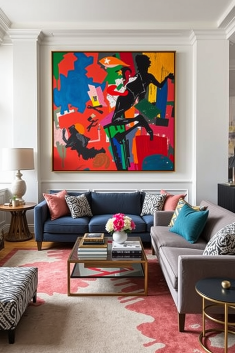 Create a stylish NYC apartment featuring oversized art pieces that serve as focal points in the living space. The walls are adorned with vibrant paintings, and the furniture is arranged to highlight these dramatic artworks, enhancing the overall aesthetic of the room.