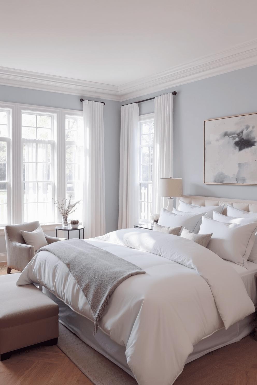 Create a serene bedroom featuring a plush king-sized bed dressed in soft white linens and layered with a light gray throw blanket. The walls are painted a calming pale blue, and large windows allow natural light to flood the space, complemented by sheer white curtains. In one corner, a cozy reading nook includes a comfortable armchair upholstered in a muted fabric and a small side table. A large piece of abstract art hangs above the bed, adding a touch of sophistication to the overall design.