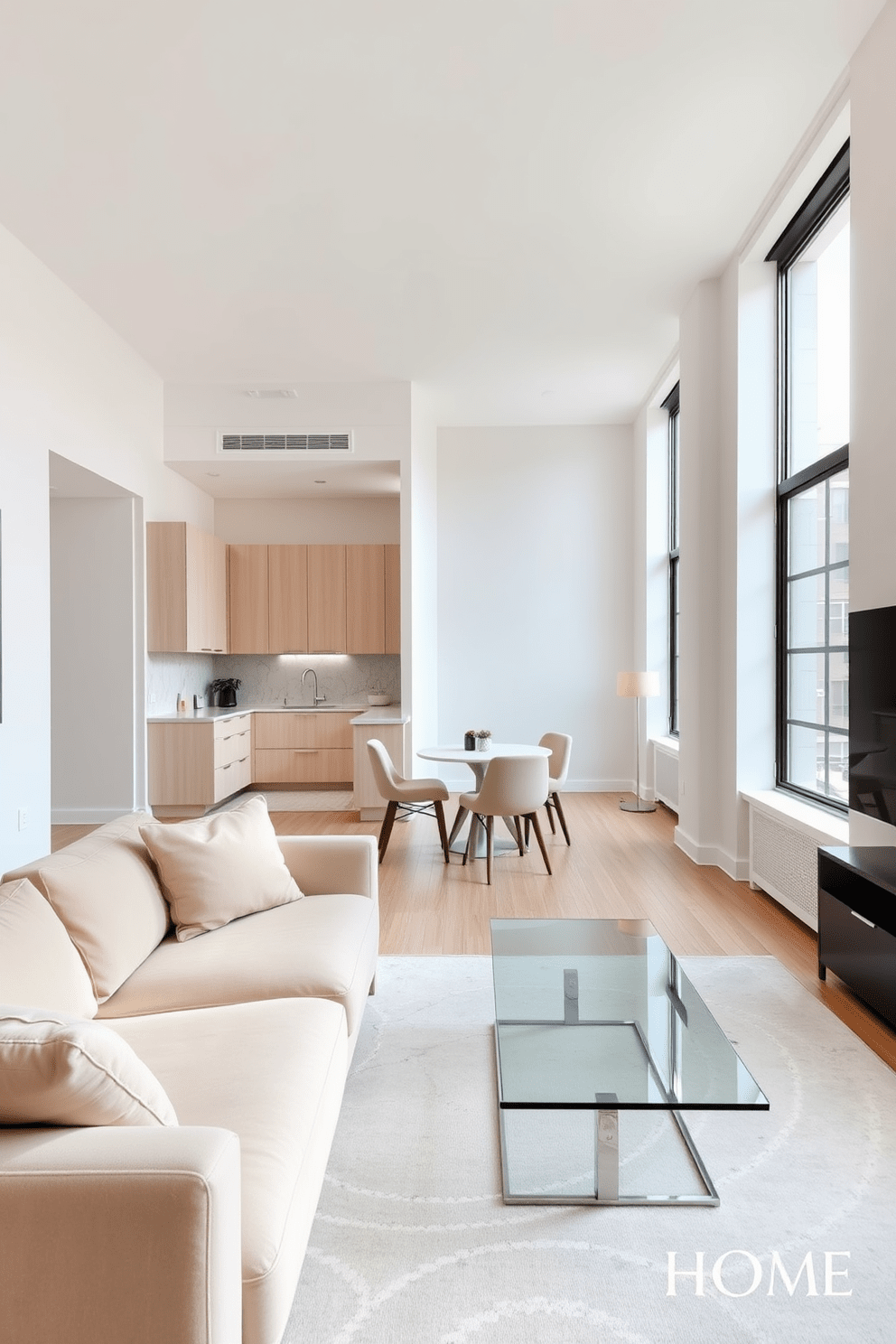 A stylish NYC apartment featuring an open living area with a soft beige sofa and a sleek glass coffee table. The walls are painted in a warm white hue, and large windows allow natural light to flood the space, creating an airy atmosphere. The kitchen is designed with minimalist cabinetry in light wood and a marble backsplash that complements the neutral tones. A small dining nook with a round table and upholstered chairs adds functionality without overwhelming the space.