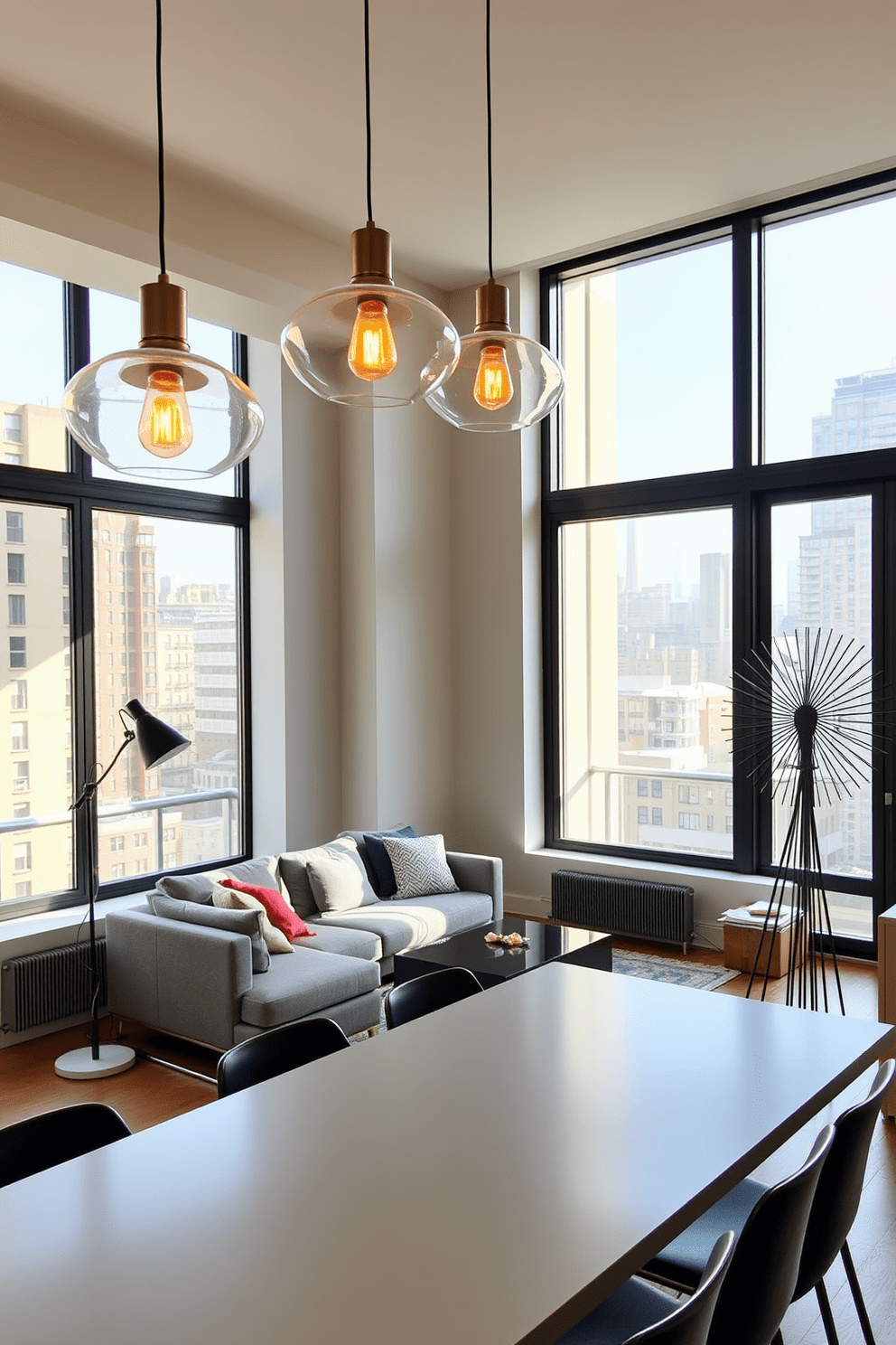 A chic NYC apartment featuring an open living space with large windows that flood the room with natural light. Unique pendant lighting fixtures hang above a sleek dining table, casting a warm glow over the space and enhancing the modern aesthetic. The living area is adorned with a stylish sectional sofa positioned around a contemporary coffee table. A striking floor lamp with an artistic design stands in the corner, providing both illumination and a focal point for the room.