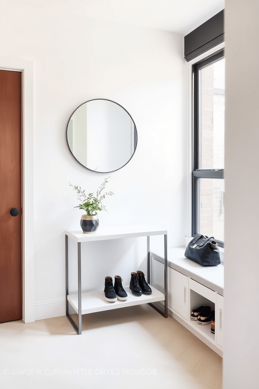 A minimalist entryway that maximizes functionality in a New York City apartment. The space features a sleek console table with a simple design, accompanied by a round mirror above it, reflecting natural light. To the side, there is a built-in bench with storage underneath for shoes and bags. The walls are painted in a soft white, and a small potted plant adds a touch of greenery to the modern decor.