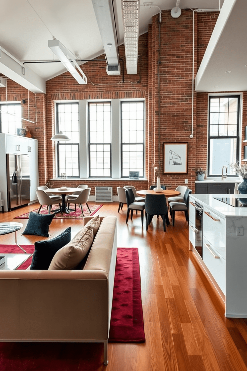 A chic NYC apartment featuring an open concept living space with a blend of modern and vintage furnishings. The living area showcases a plush velvet sofa paired with a sleek glass coffee table, while a bold area rug adds warmth to the hardwood floor. The kitchen boasts high-end stainless steel appliances and a marble island with bar stools for casual dining. Exposed brick walls contrast with contemporary cabinetry, creating a stylish yet inviting atmosphere. An intimate dining nook is adorned with a round wooden table surrounded by upholstered chairs, perfect for entertaining guests. Large windows allow natural light to flood the space, highlighting the carefully curated decor and artwork.