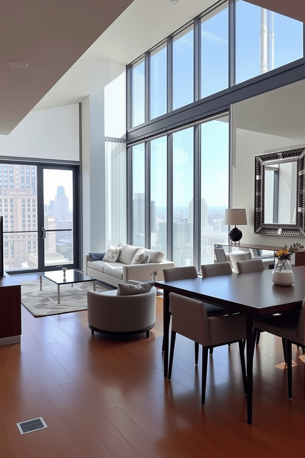 A stylish NYC apartment featuring large floor-to-ceiling windows that flood the space with natural light. The living area includes a sleek sectional sofa and a glass coffee table, while strategically placed mirrors reflect the light and create an illusion of more space. The dining area showcases a modern wooden table surrounded by upholstered chairs. A statement mirror hangs above the sideboard, enhancing the brightness and adding a touch of elegance to the room.