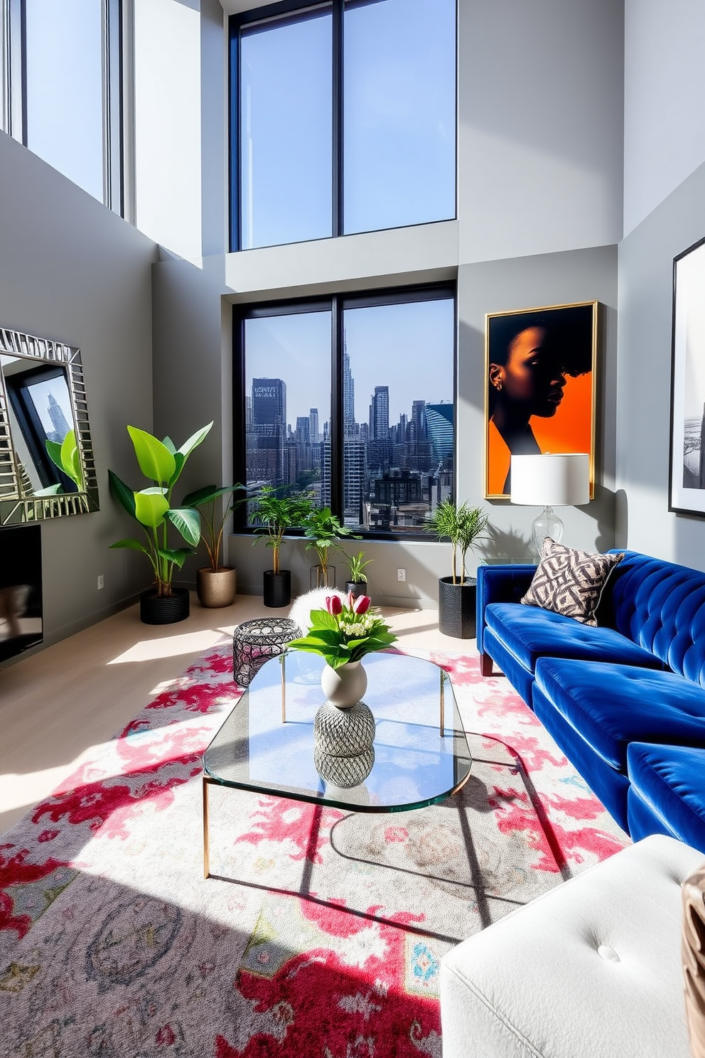 A chic living room in a New York City apartment featuring a statement mirror that reflects natural light. The space is adorned with a plush velvet sofa in deep blue, complemented by a sleek glass coffee table and a vibrant area rug. The walls are painted in a soft gray, creating a sophisticated backdrop for the bold artwork displayed. Large windows offer a stunning view of the skyline, while potted plants add a touch of greenery to the urban setting.