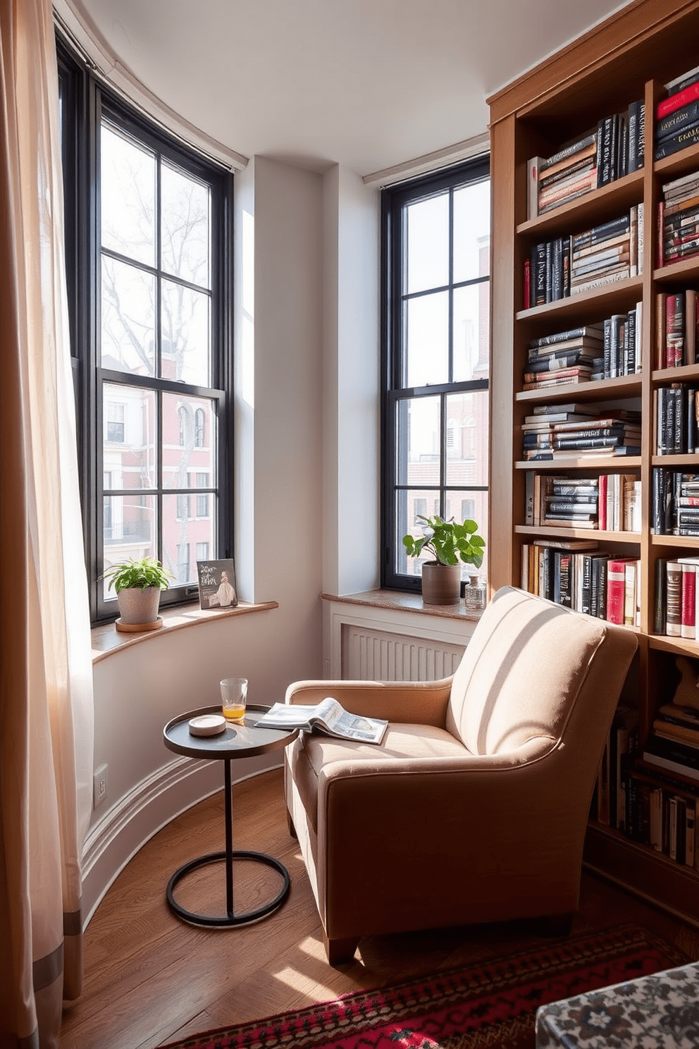 Create a cozy reading nook by the windows in a New York City apartment. The space features a plush armchair upholstered in soft fabric, accompanied by a small side table for books and a warm cup of tea. Natural light floods the area through large windows adorned with sheer curtains. A built-in bookshelf filled with an eclectic mix of novels and decorative items lines the wall, adding character and warmth to the nook.