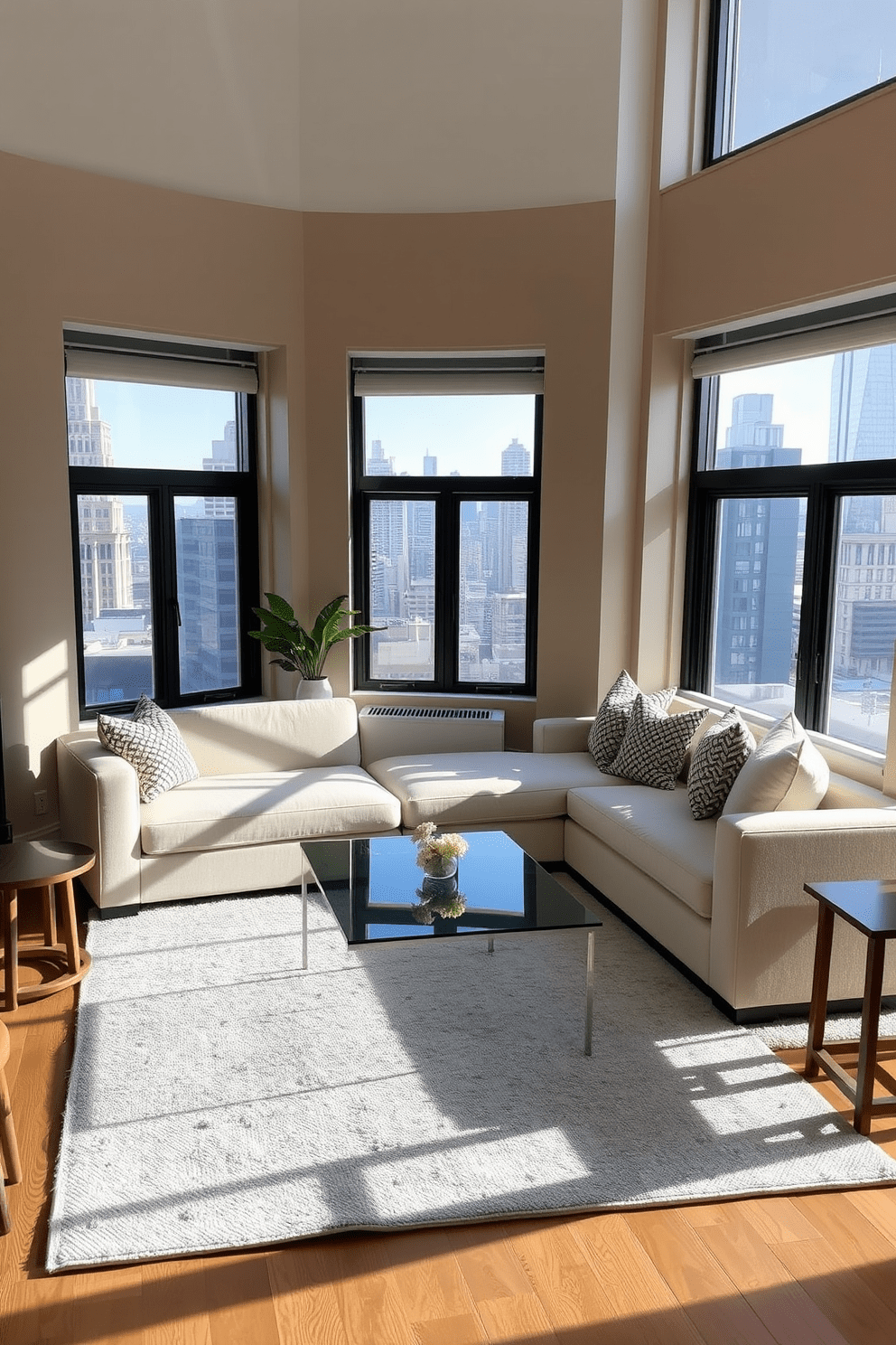 A serene NYC apartment living room features a soft beige sectional sofa adorned with textured throw pillows. A sleek glass coffee table sits atop a light gray area rug, surrounded by minimalist wooden side tables. The walls are painted in a warm taupe, enhancing the cozy atmosphere. Large windows allow natural light to flood the space, showcasing a view of the bustling city below.