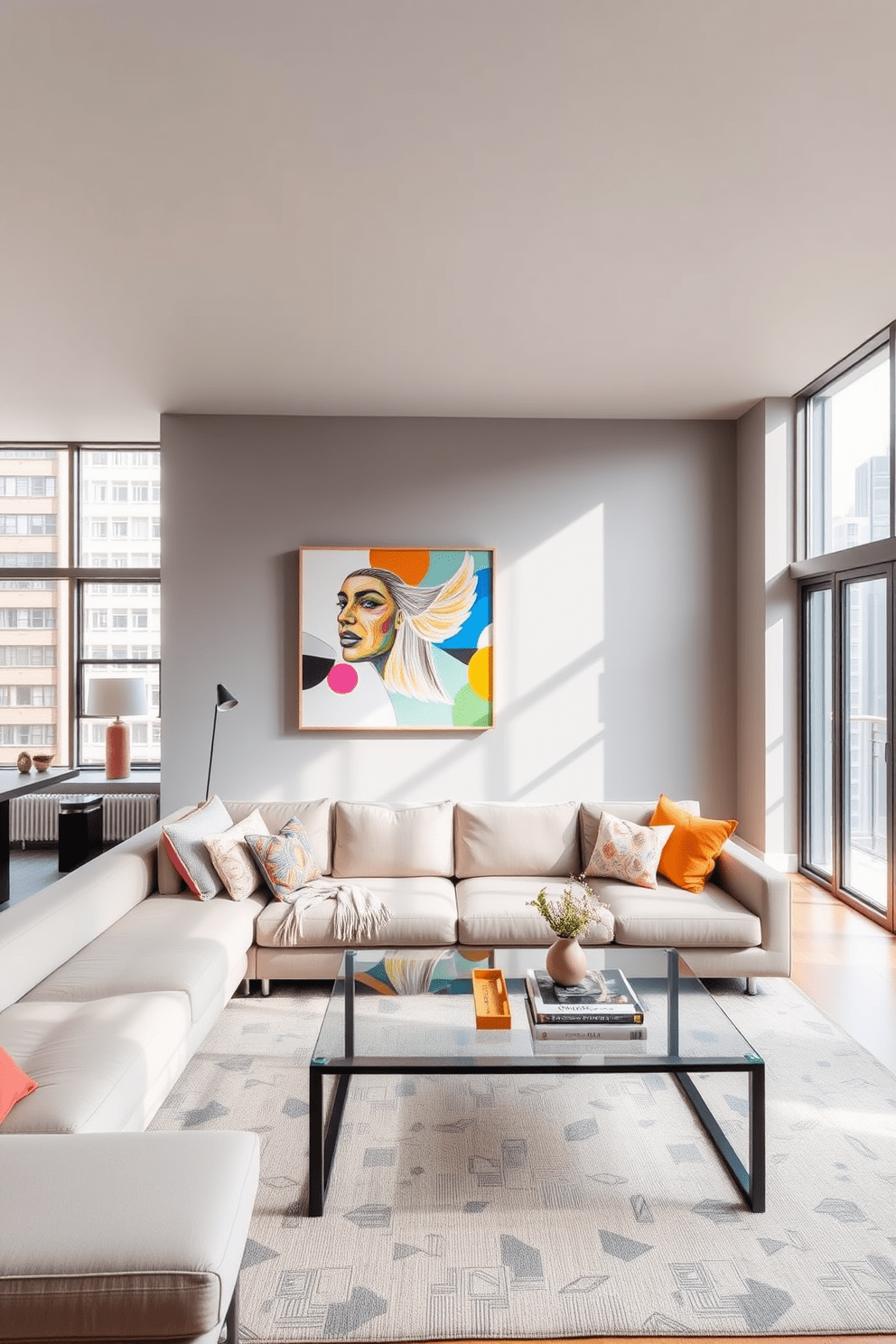 A stylish NYC apartment with an open floor plan featuring a spacious living area. Large windows allow natural light to flood the room, highlighting a cozy sectional sofa and a sleek glass coffee table. The walls are painted in a soft gray, providing a neutral backdrop for vibrant artwork that adds a pop of color. A statement piece hangs above the sofa, complemented by decorative pillows in bold hues and a modern area rug that ties the space together.