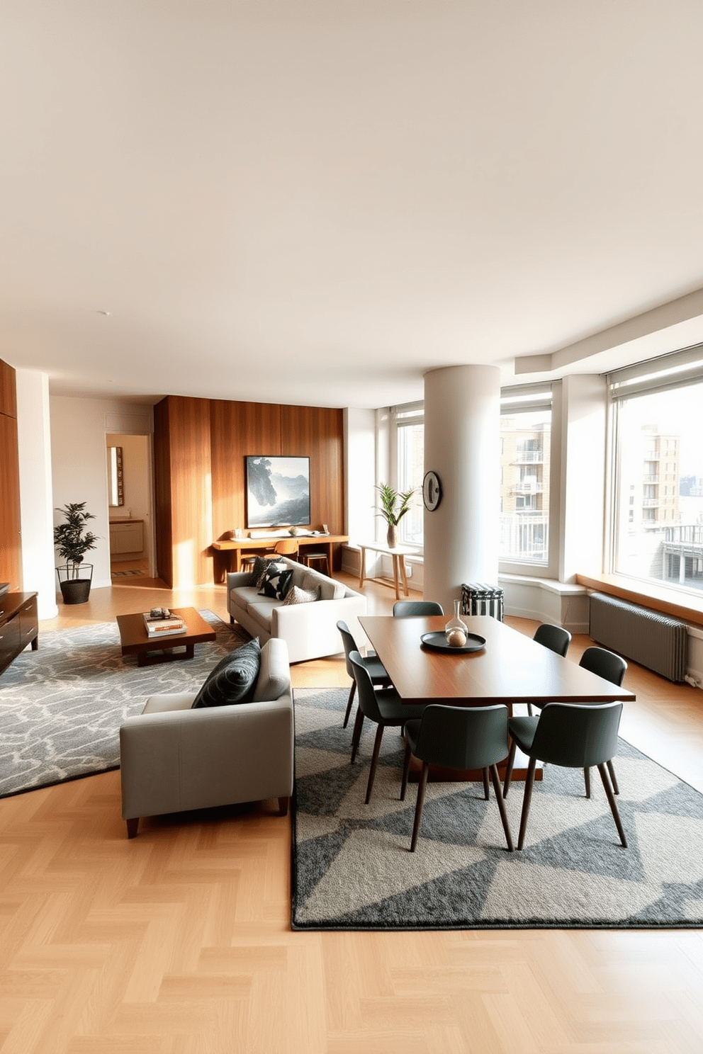 A chic NYC apartment featuring an open floor plan that seamlessly integrates the living and dining areas. A large area rug with a geometric pattern anchors the seating arrangement, creating a cozy atmosphere. The dining area showcases a sleek wooden table surrounded by modern chairs, with a smaller rug underneath to delineate the space. Large windows allow natural light to flood the room, highlighting the stylish decor and vibrant city views.