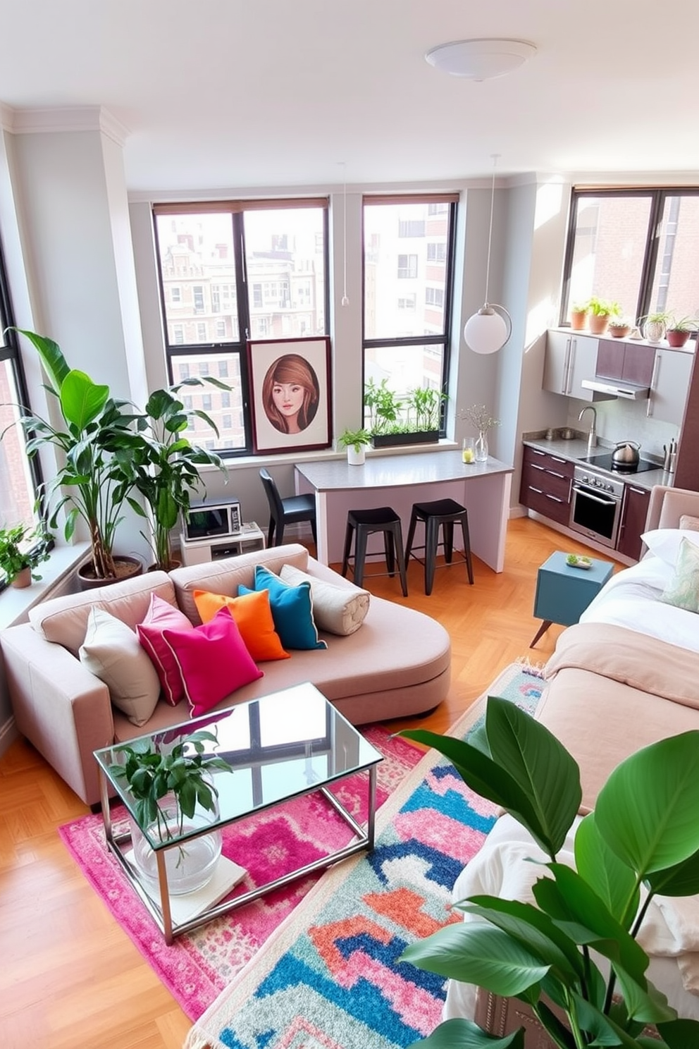 A stylish NYC apartment featuring an open concept living area with large windows that allow natural light to flood the space. The room is adorned with a plush sectional sofa in a neutral tone, complemented by vibrant throw pillows and a sleek coffee table made of glass and metal. In one corner, a tall indoor plant adds a touch of greenery, creating a refreshing atmosphere. The walls are painted in a soft gray, and the hardwood floor is accented with a colorful area rug that ties the room together. The kitchen area boasts modern stainless steel appliances and an island with bar stools, perfect for casual dining. Potted herbs on the windowsill bring life to the kitchen while providing fresh ingredients for cooking. The bedroom features a cozy king-sized bed with a stylish headboard and layered bedding in calming colors. A large plant sits beside the window, enhancing the tranquility of the space and promoting a peaceful ambiance.