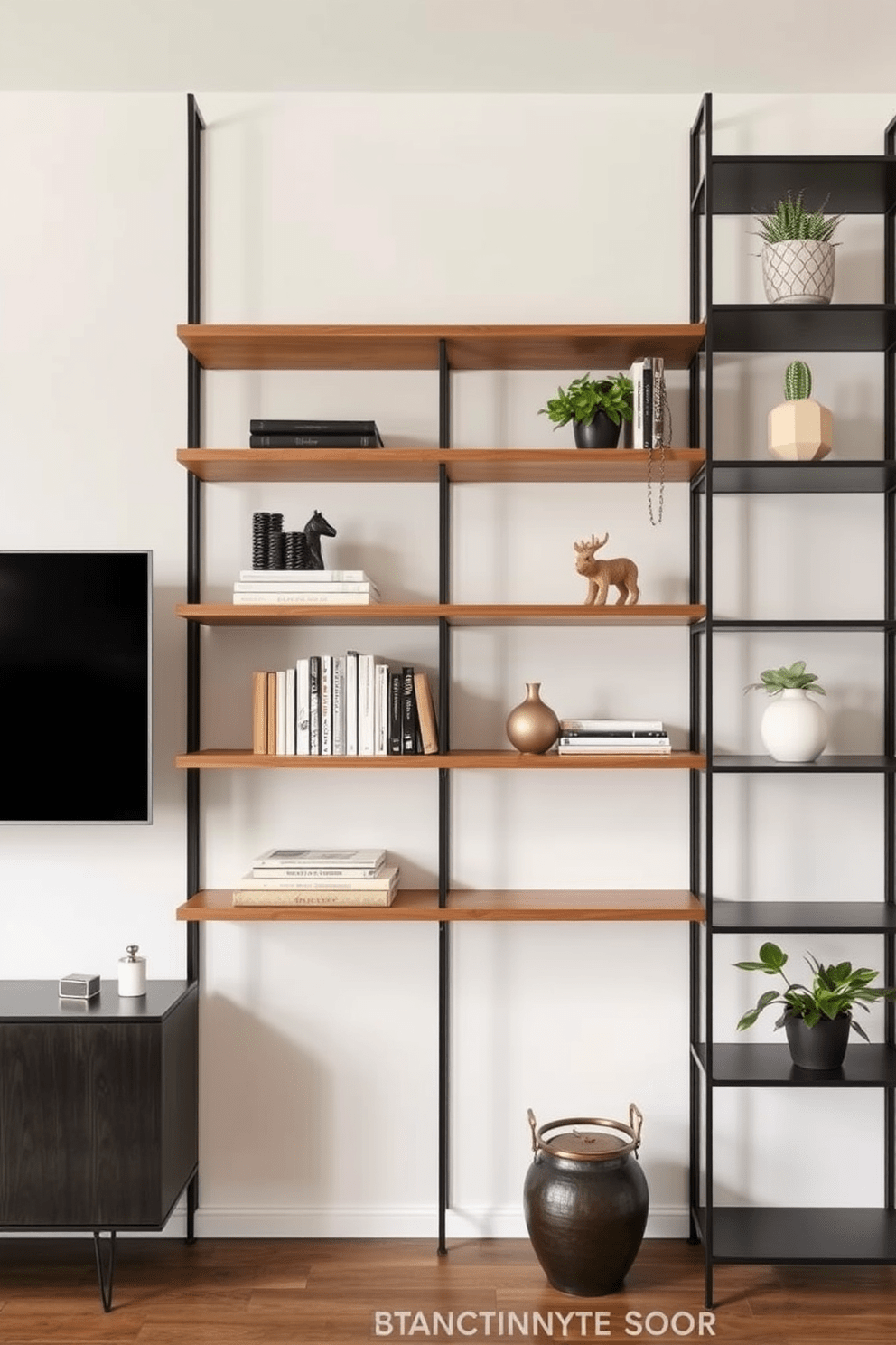 Maximize vertical space by incorporating tall shelves that draw the eye upward. Use a combination of open and closed shelving to create a functional yet stylish storage solution. Incorporate a minimalist aesthetic with sleek lines and a neutral color palette. Add pops of color through decorative items and plants to enhance the overall ambiance.