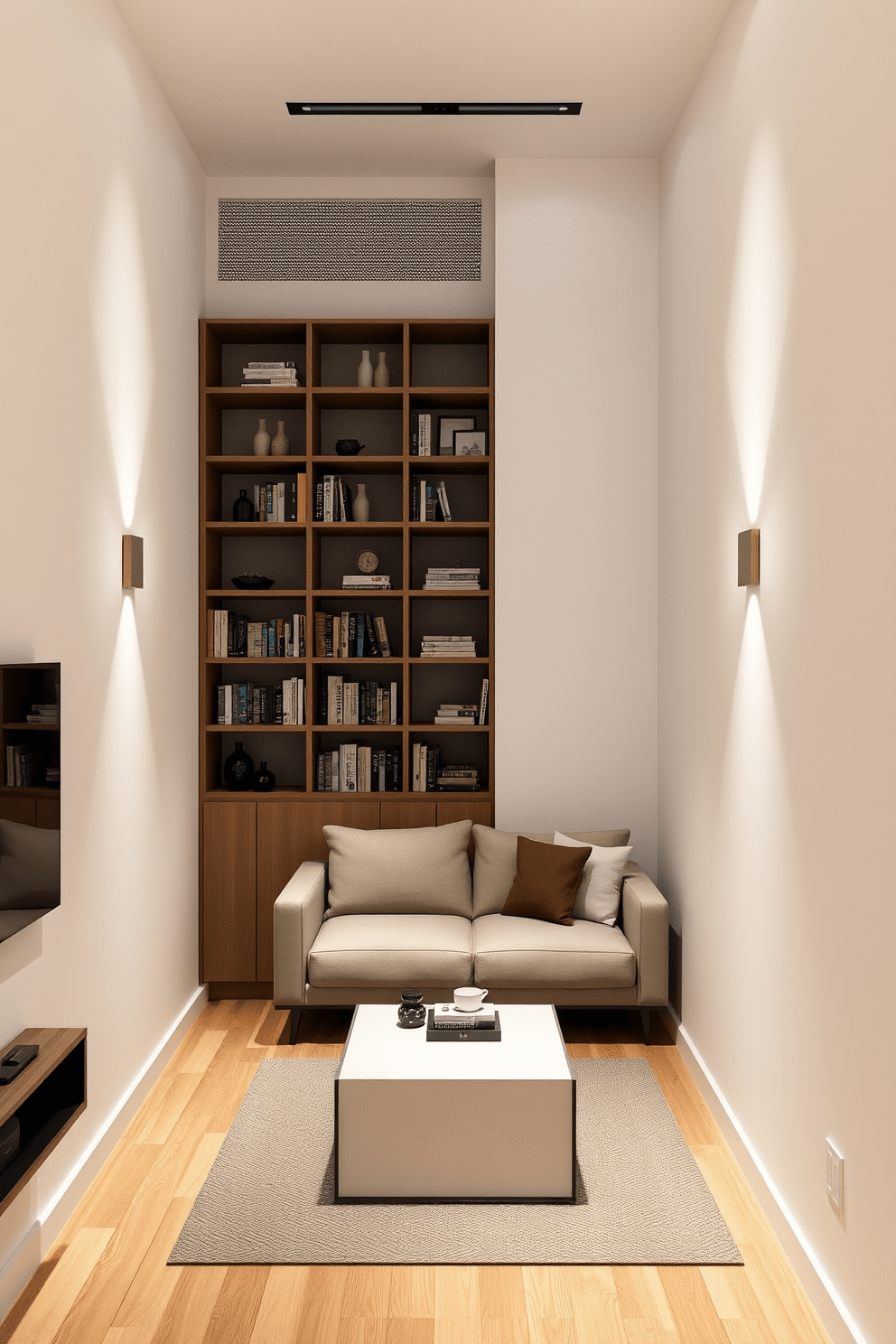 A narrow apartment design featuring an open living area that maximizes vertical space. The walls are adorned with light-colored paint to enhance brightness, and strategically placed wall-mounted lighting illuminates the floor space below. The living area includes a compact sofa against one wall and a sleek coffee table in front of it. A tall bookshelf is mounted on the opposite wall, filled with books and decorative items to add personality while maintaining a streamlined look.