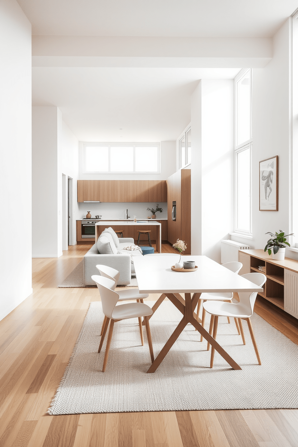 Design an open layout for flow in a narrow apartment. The living area seamlessly connects to the kitchen, featuring a minimalist dining table that accommodates four people. Natural light floods the space through large windows, enhancing the airy feel. Soft neutral tones dominate the walls and furniture, creating a cohesive and inviting atmosphere.