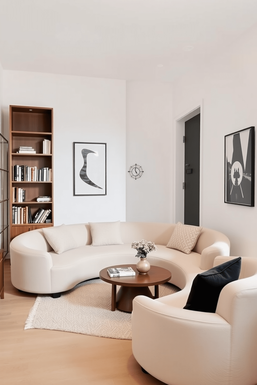 A stylish living area that maximizes corner spaces with rounded furniture. The room features a cozy sectional sofa with soft curves and a round coffee table, enhancing the flow of the space. The walls are painted in a light neutral tone, creating an airy atmosphere. A tall bookshelf in the corner adds vertical interest while maintaining an open feel in the narrow apartment layout.