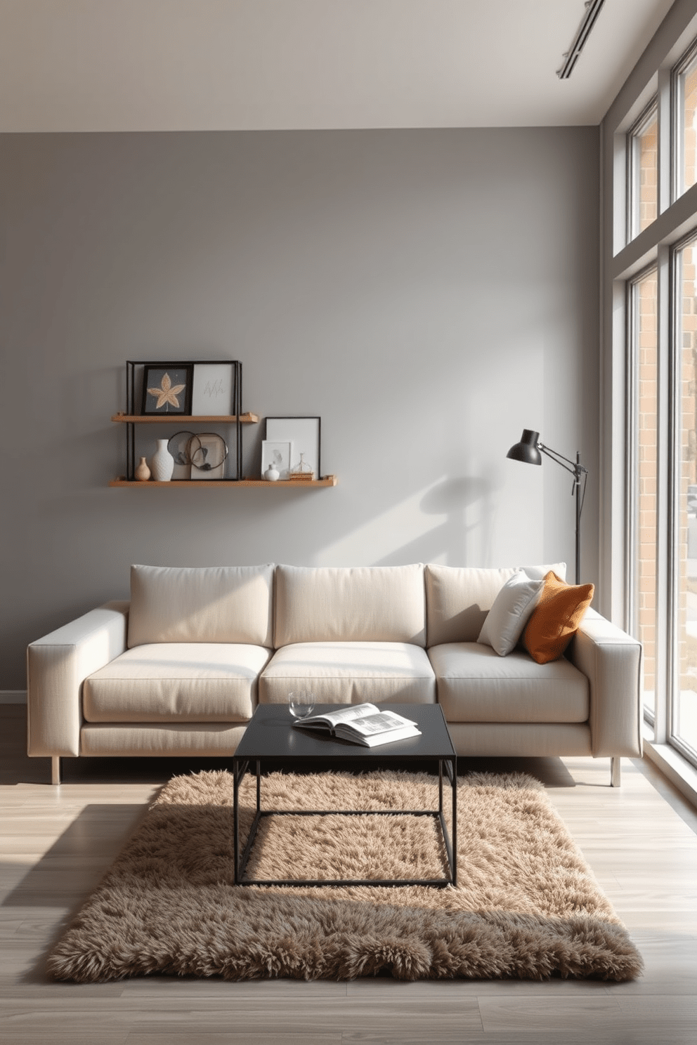 A compact sectional sofa is positioned in a narrow living room, featuring a sleek design with clean lines and a neutral fabric. The sofa is complemented by a minimalist coffee table and a wall-mounted shelf showcasing decorative items, creating an inviting atmosphere. The walls are painted in a soft gray, enhancing the sense of space, while a large window allows natural light to flood the room. A plush area rug anchors the seating area, adding warmth and texture to the overall design.