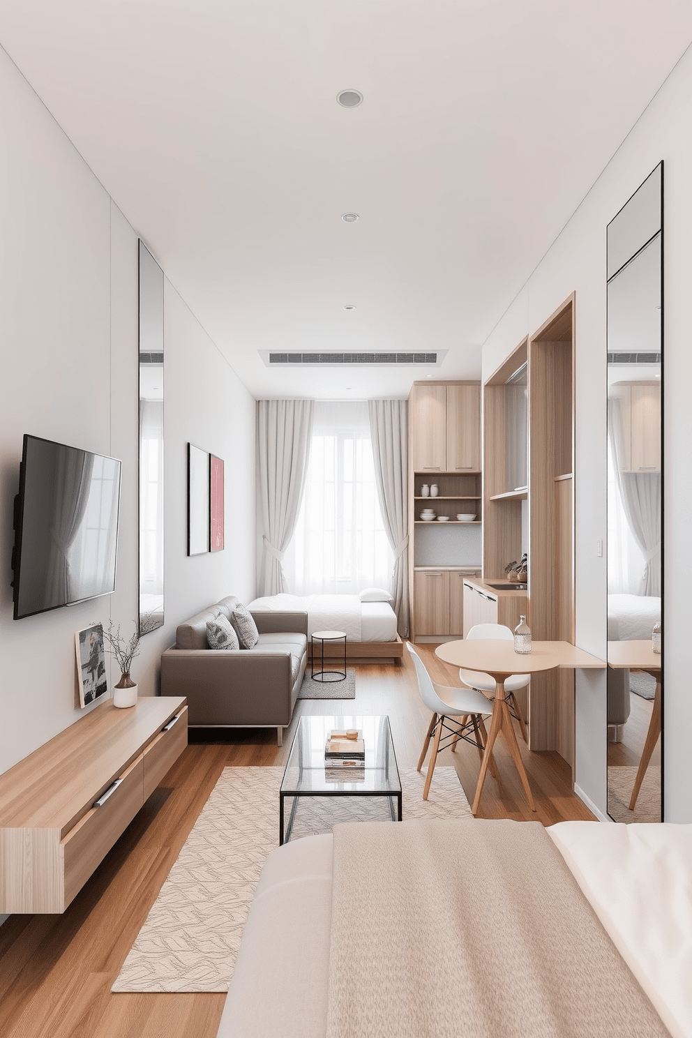 A narrow apartment design featuring an open layout that maximizes space. There are strategically placed mirrors on the walls to reflect light and create an illusion of a larger area. The living room includes a sleek sofa facing a wall-mounted television, with a glass coffee table in front. To the side, a compact dining table with minimalist chairs is positioned near a window, enhancing the airy feel of the space. The kitchen showcases streamlined cabinetry in light colors, with open shelving displaying stylish dishware. A small breakfast bar with stools provides a cozy spot for meals without overwhelming the space. In the bedroom, a platform bed with built-in storage is centered against a wall adorned with a large mirror. Soft, neutral bedding complements the light wood tones of the furniture, creating a serene atmosphere.