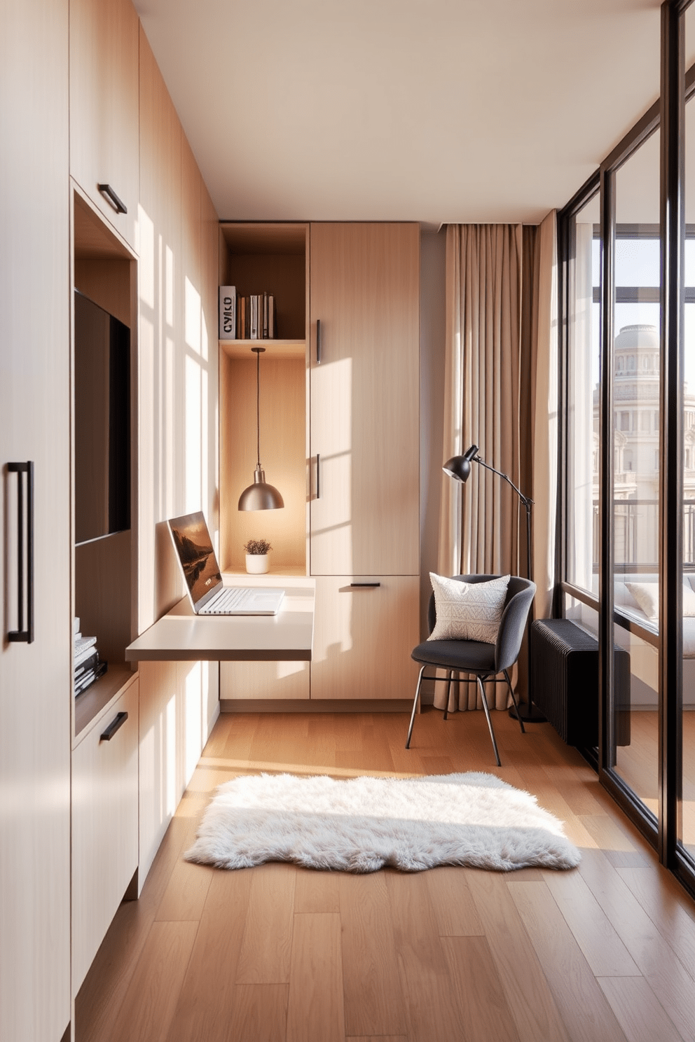 A narrow apartment design featuring a cozy living area with a fold-down desk seamlessly integrated into the wall. The desk is surrounded by light-colored cabinetry that provides ample storage, while a stylish chair can be tucked away when not in use. The living space is adorned with soft, neutral tones, and a plush area rug adds warmth to the hardwood floor. Large windows allow natural light to flood the room, highlighting the minimalist decor and creating an inviting atmosphere.