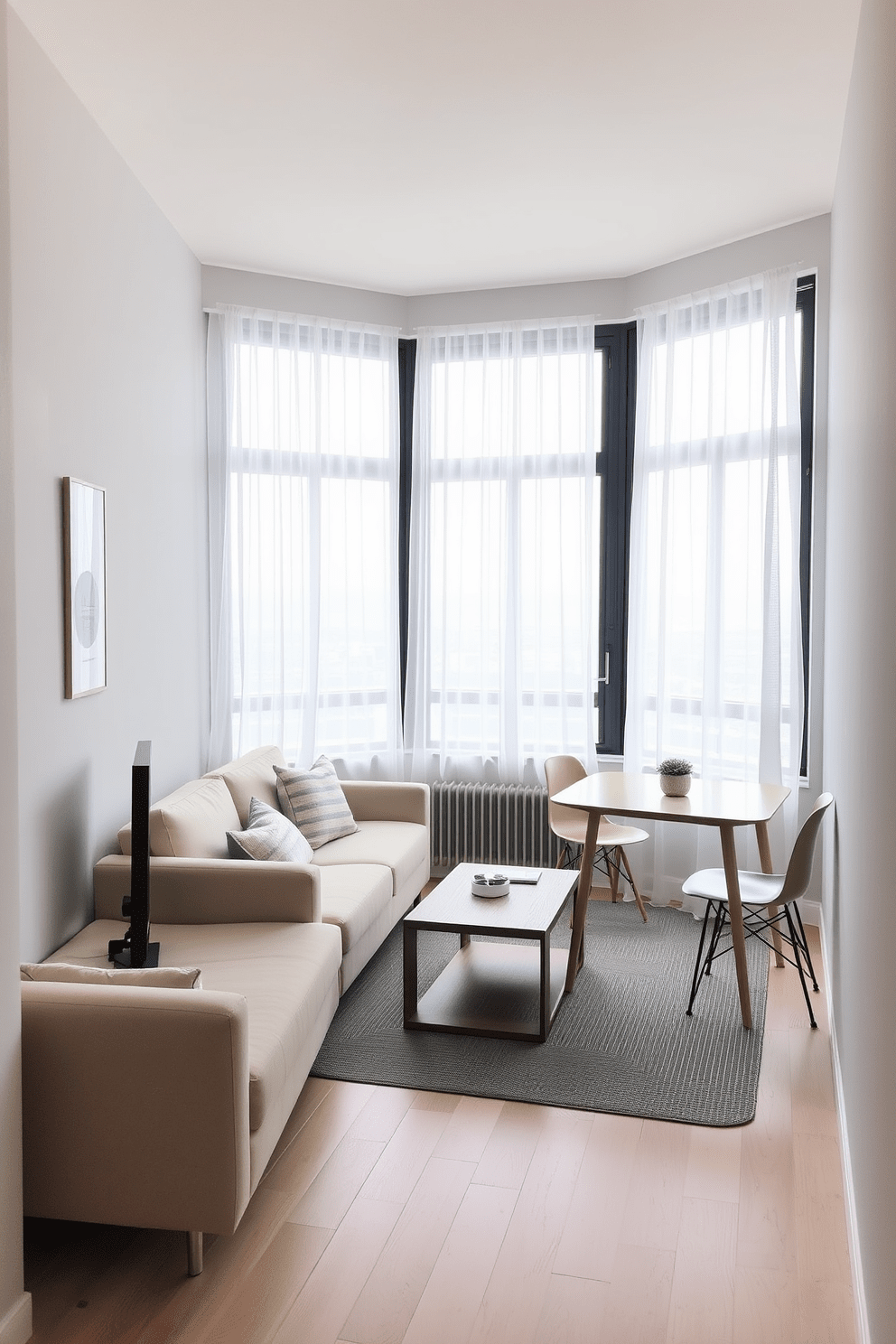 A narrow apartment designed for functionality and comfort. The living area features a light beige sofa paired with a sleek wooden coffee table, while a compact dining table with minimalist chairs occupies the corner. The walls are painted in soft gray to enhance the sense of space. Large windows allow natural light to flood in, complemented by sheer white curtains that add an airy feel.