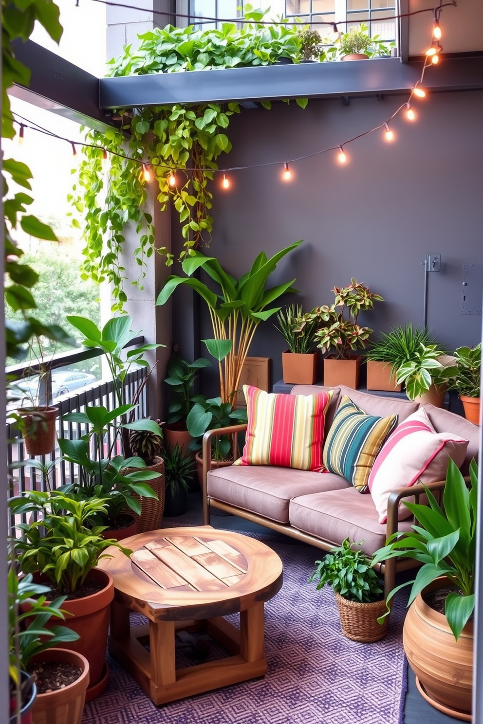 Design a small balcony as an oasis. The space features a cozy seating area with a plush outdoor sofa adorned with colorful cushions and a small coffee table made of natural wood. Surrounding the balcony are lush potted plants, creating a green sanctuary. Soft string lights are draped overhead, providing a warm ambiance for evening relaxation.