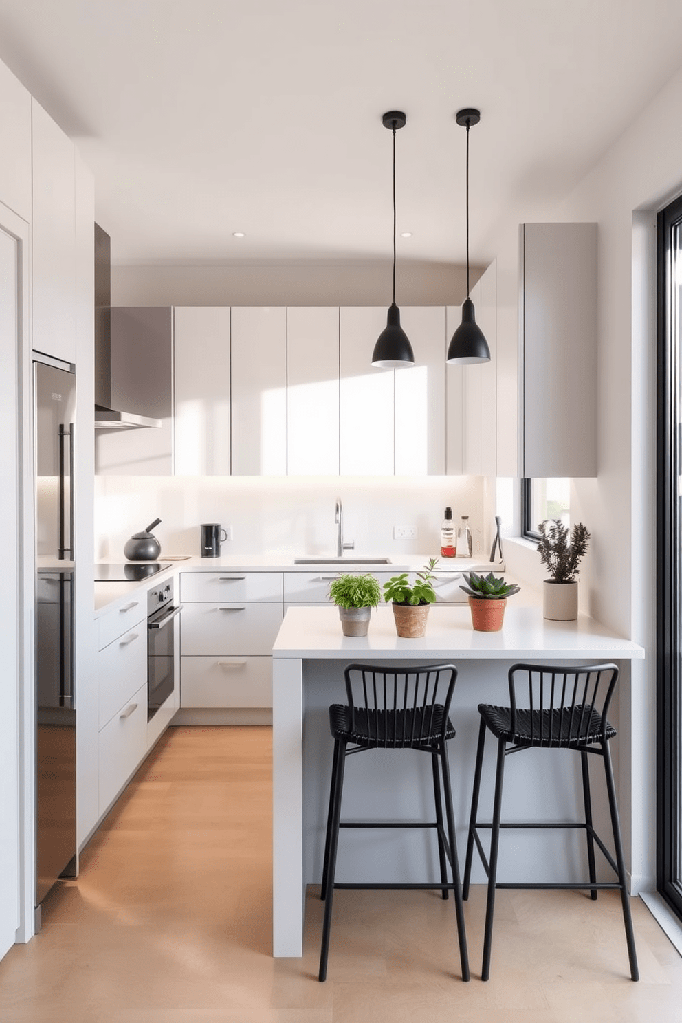 A stylish kitchen featuring a sleek breakfast bar with high stools. The space is designed for a narrow apartment, maximizing functionality with smart storage solutions and light color palettes. Natural light floods the room through large windows, highlighting the minimalist cabinetry and modern appliances. Decorative elements include potted herbs on the breakfast bar and subtle pendant lighting overhead.