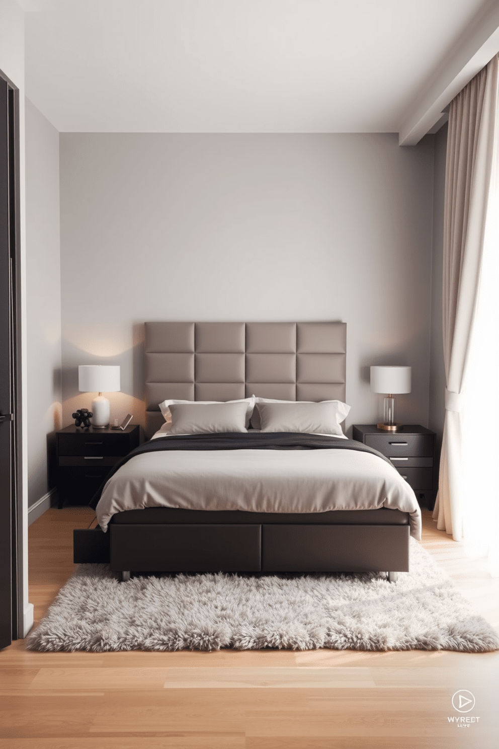 A narrow apartment bedroom featuring a bed with built-in drawers for optimal storage. The walls are painted in a soft gray color, and a plush area rug lies underneath the bed, adding warmth to the space. On either side of the bed, sleek nightstands hold stylish lamps that provide ambient lighting. A large window draped with light, airy curtains lets in natural light, making the room feel more spacious.