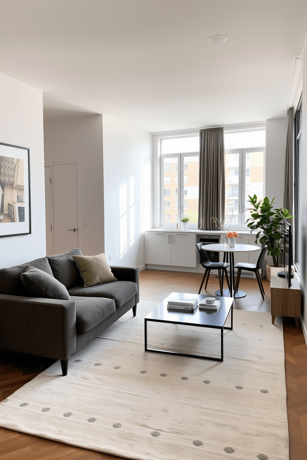 A narrow apartment featuring an open-concept living area with a cozy sofa and a sleek coffee table. A large rug in a soft neutral color anchors the space, bringing warmth and cohesion to the room. The kitchen area is designed with minimalist cabinetry and a compact dining table for two. Large windows allow natural light to flood in, highlighting the stylish decor and creating an inviting atmosphere.