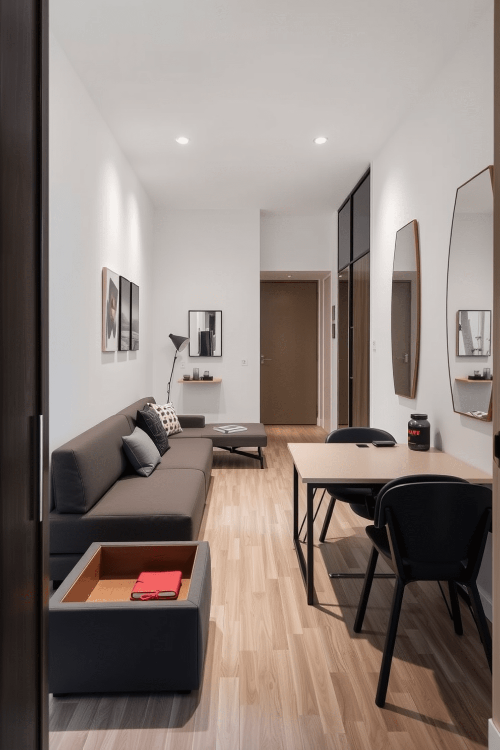 A narrow apartment features a sleek, modular sofa that can be easily reconfigured to serve as additional seating or a guest bed. A stylish coffee table doubles as a storage unit, keeping the space organized while adding a modern touch. The dining area includes a compact table that expands to accommodate guests, paired with stackable chairs that can be tucked away when not in use. Walls are painted in light colors to enhance the sense of space, and strategically placed mirrors create an illusion of depth.