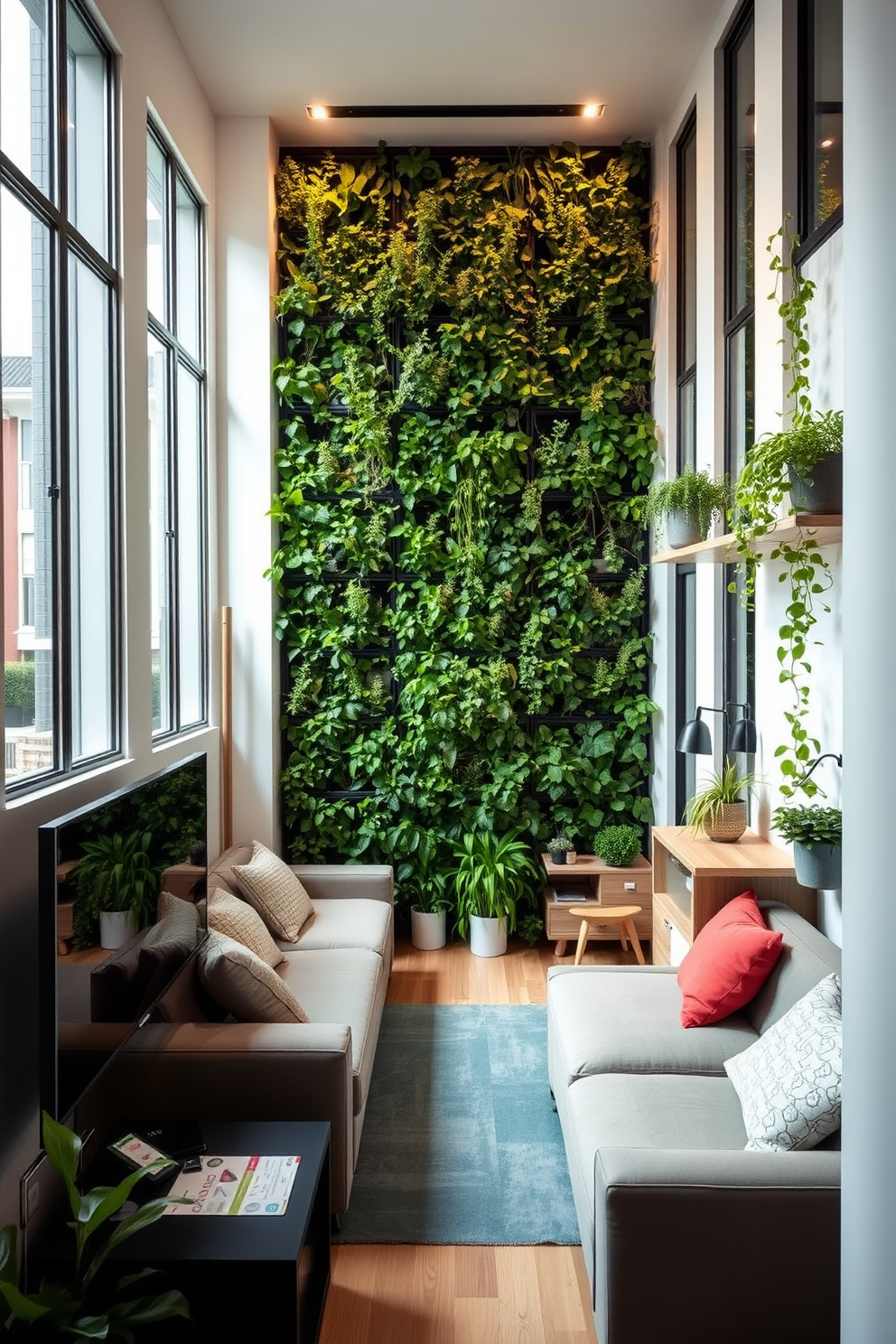 A narrow apartment features a vertical garden that brings life to the living space. The greenery is integrated into the walls, creating a refreshing atmosphere while maximizing floor space. The layout includes multifunctional furniture that enhances usability without compromising style. Light-colored walls and large windows amplify the sense of openness in the compact design.