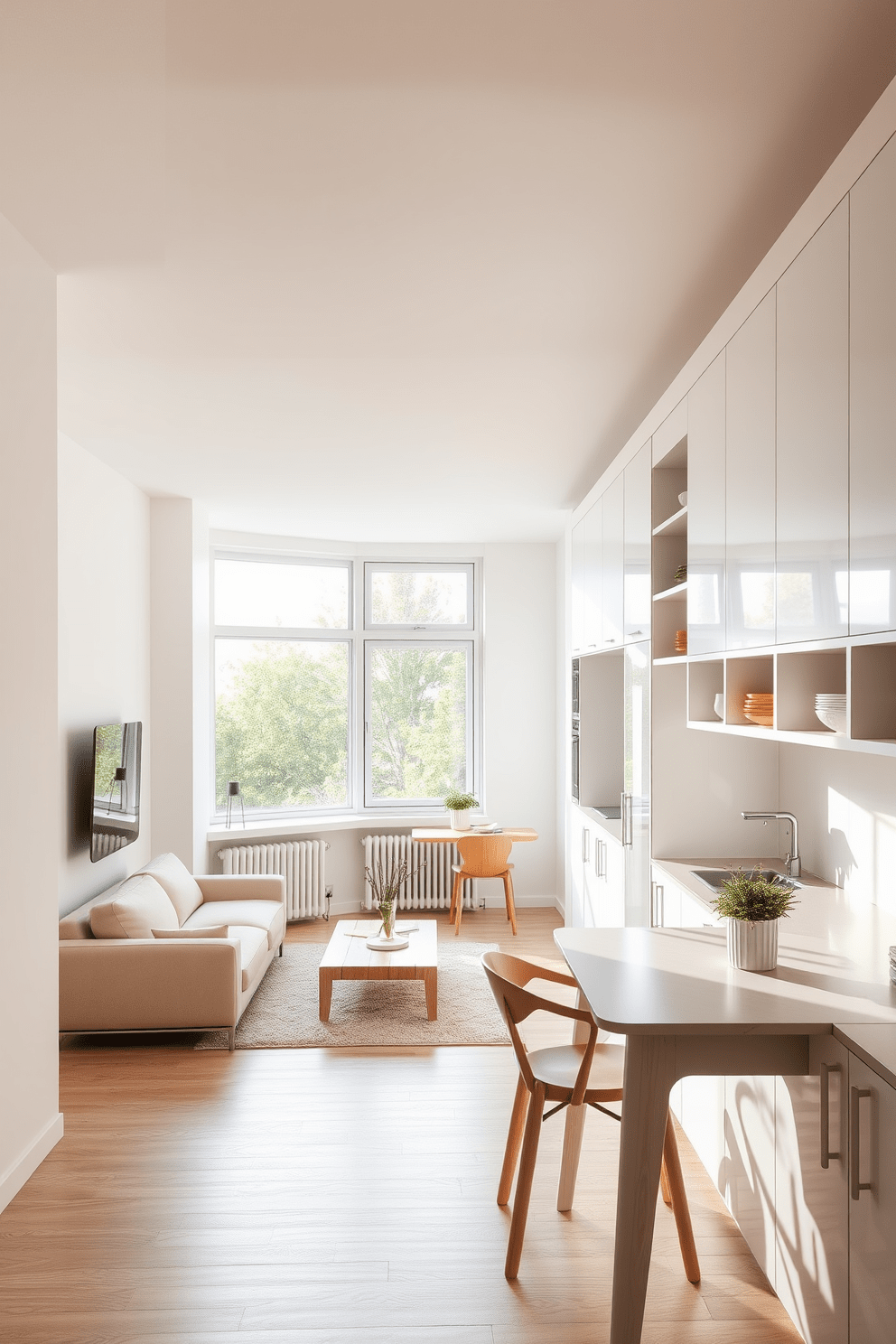 A narrow apartment design featuring light colors to create a bright and airy atmosphere. The living area includes a sleek, minimalist sofa in soft beige paired with a light wood coffee table and a large window allowing natural light to flood the space. The kitchen showcases white cabinetry with open shelving displaying colorful dishware. A small dining table with light wood chairs is positioned near the window, enhancing the openness of the layout.