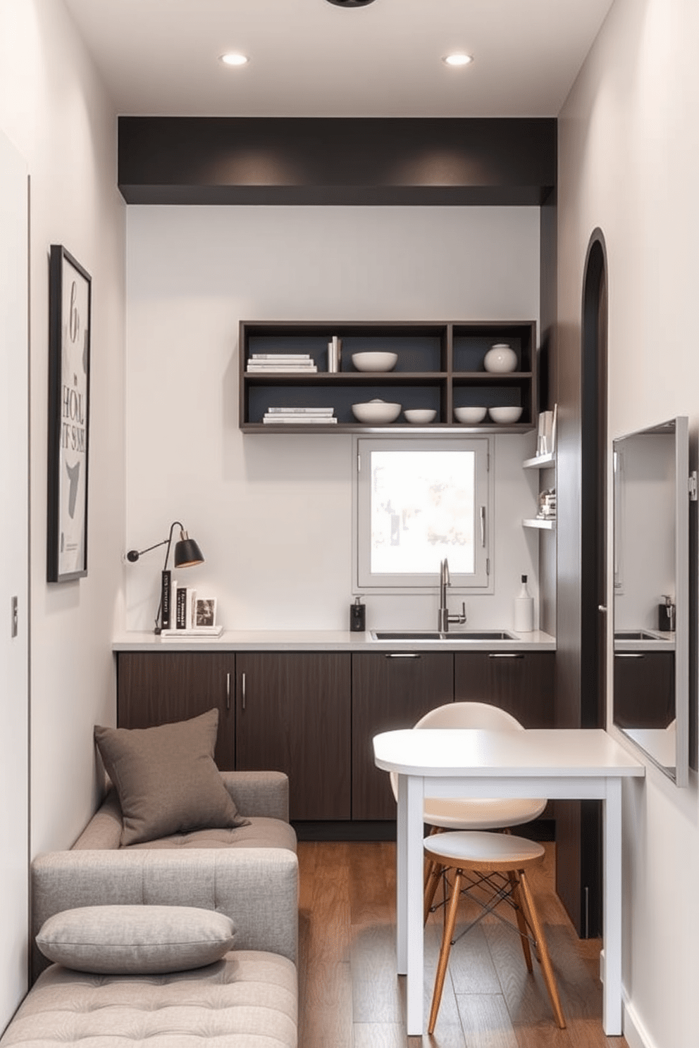 A narrow apartment features a sleek living area with a cozy sofa positioned against the wall. Floating shelves are installed above a minimalist desk, providing extra storage for books and decor. The kitchen showcases a compact layout with open shelving for easy access to dishes and utensils. A small dining table with stylish chairs is placed near a window, maximizing natural light and space.