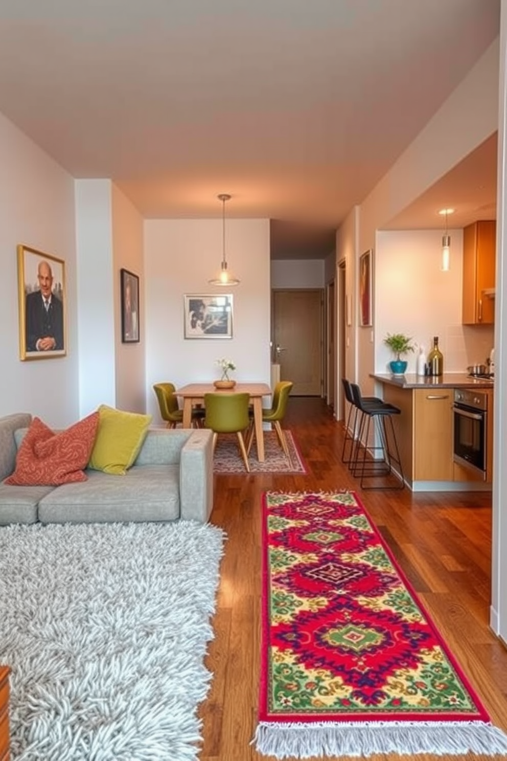 A narrow apartment features an open layout with strategically placed area rugs to define distinct living spaces. The living area showcases a plush area rug that complements the sofa, creating a cozy seating nook, while a smaller rug under the dining table enhances the dining experience. The kitchen area is visually separated by a vibrant runner rug, adding color and warmth to the space. Soft lighting fixtures hang above the countertop, illuminating the area and enhancing the overall ambiance of the narrow apartment.