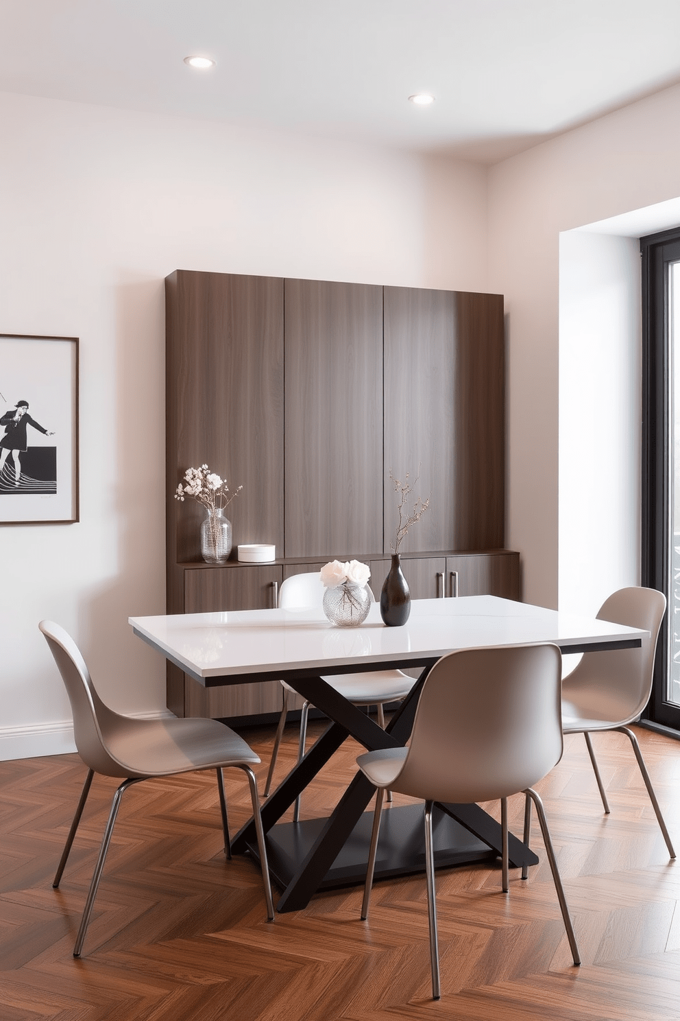 A stylish dining area featuring a foldable dining table that maximizes space. The table is set against a wall with minimalist decor, and when extended, it comfortably seats four. Surrounding the table, there are sleek, modern chairs that can be easily tucked away when not in use. The walls are painted in a light neutral color, and a large window allows natural light to brighten the space.