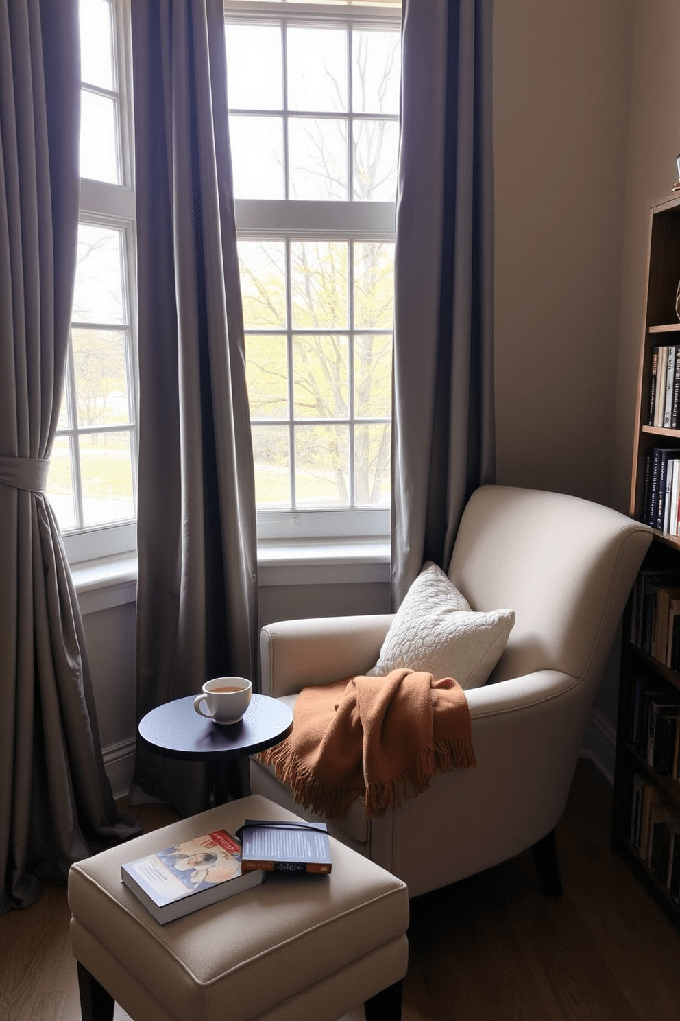 Create a cozy reading nook by the windows with a plush armchair upholstered in soft fabric. A small side table holds a stack of books and a steaming cup of tea, while a warm throw blanket drapes over the armchair. Incorporate floor-to-ceiling curtains to frame the windows and allow natural light to filter through. Add a small bookshelf nearby to display favorite novels and decorative items, enhancing the inviting atmosphere of the space.