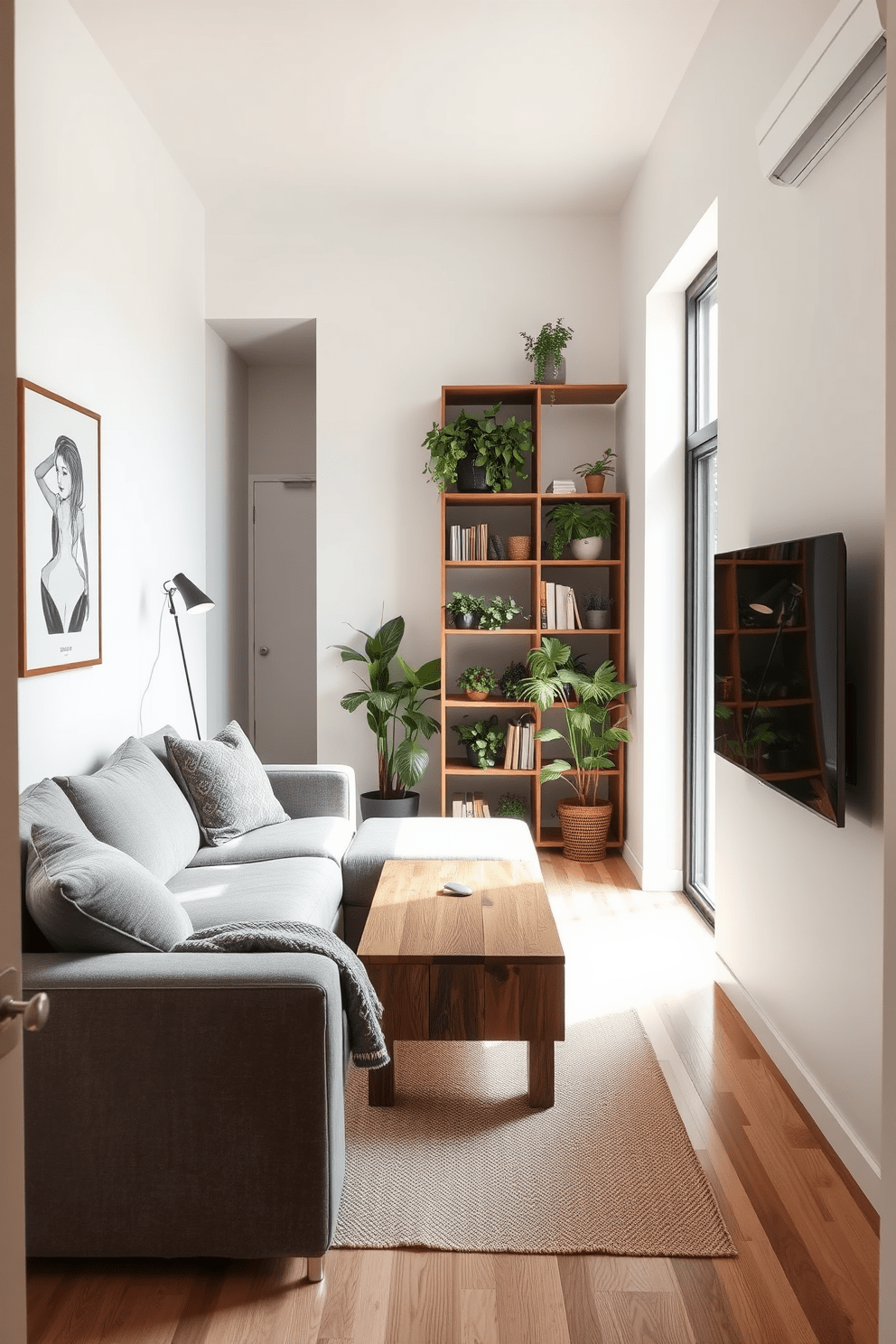 A narrow apartment design featuring an open living space that maximizes functionality. The layout includes a compact sofa facing a wall-mounted TV, with a small coffee table in front made of reclaimed wood. In the corner, a tall bookshelf filled with plants adds a touch of nature and warmth to the space. The walls are painted in a light neutral color, and a large window allows natural light to flood in, enhancing the airy feel of the apartment.