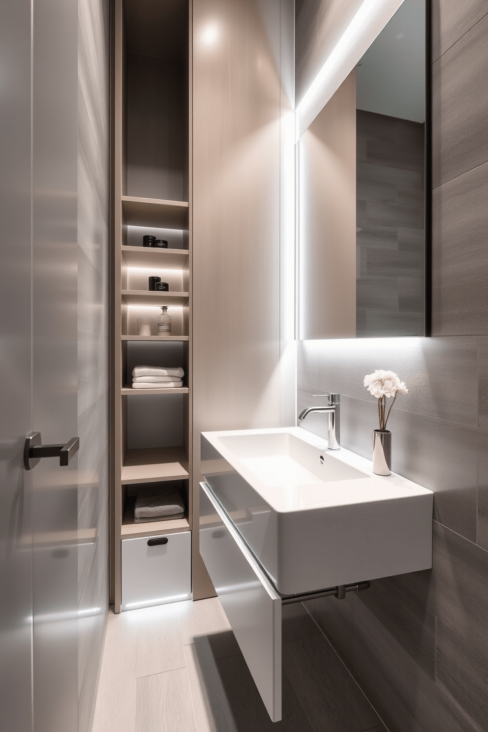 Sleek modern vanity with open shelving featuring a minimalist design and clean lines. The vanity is finished in a glossy white with integrated lighting that highlights the space. The walls are adorned with large format tiles in a soft gray tone, creating a seamless look. A large frameless mirror above the vanity reflects the stylish fixtures and adds depth to the narrow bathroom.