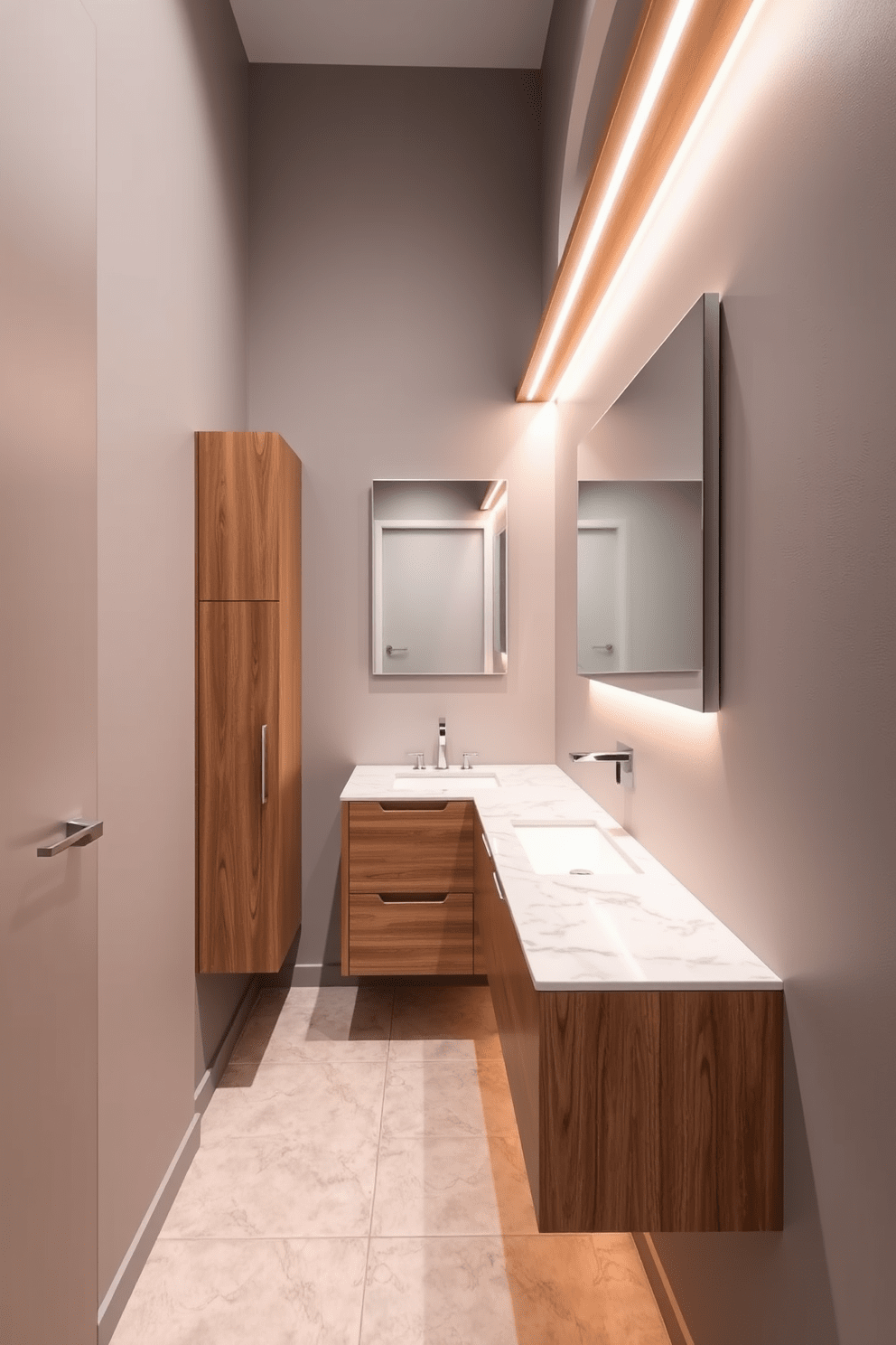 A narrow bathroom design featuring a sleek, elongated wooden vanity with a polished marble countertop. Integrated LED lighting is installed above the vanity, creating a warm ambiance that enhances the space. On one side, a tall, slim cabinet provides storage without overwhelming the design. The walls are painted in a soft gray tone, while the floor showcases rectangular tiles in a subtle pattern for added visual interest.