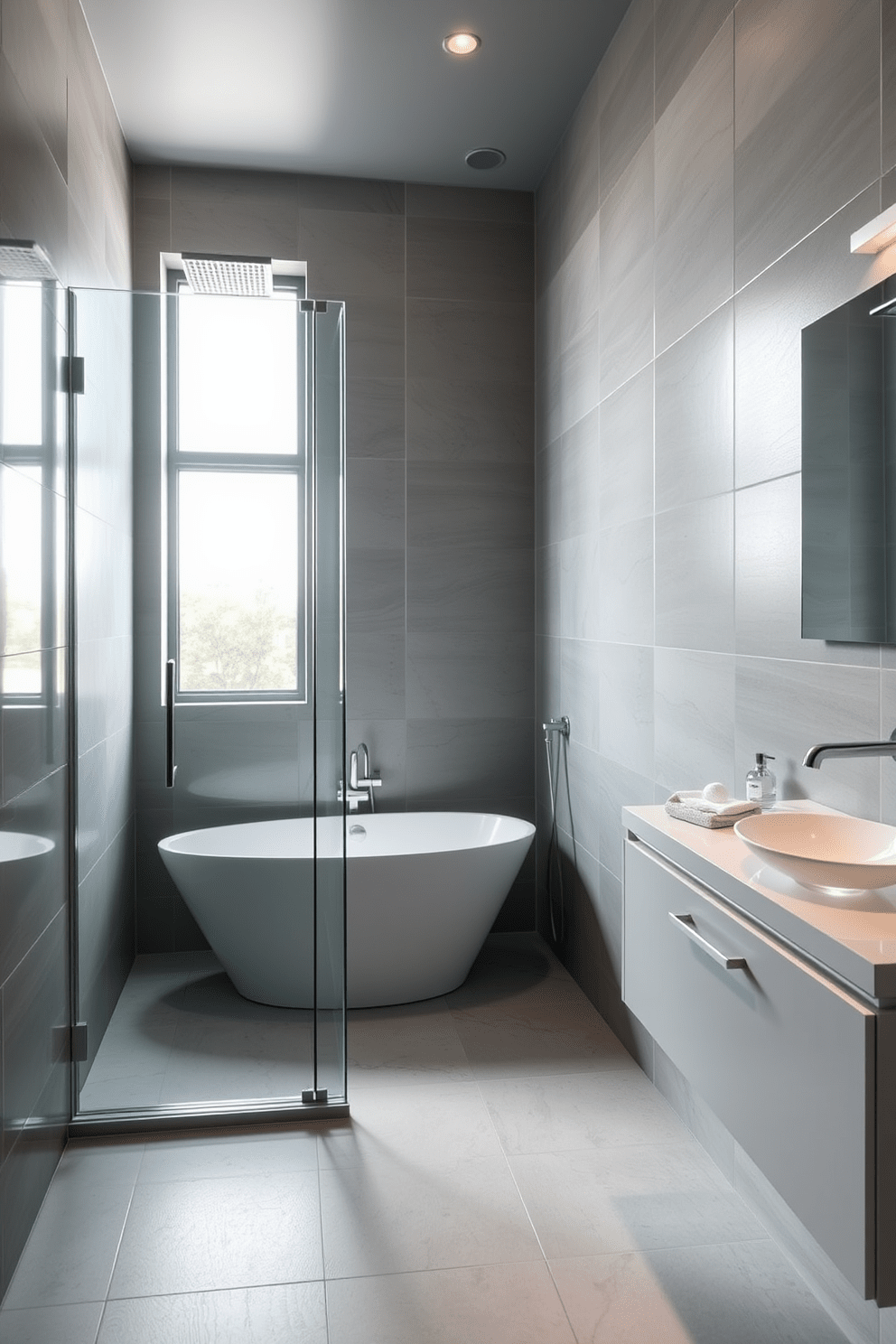 A contemporary wet room designed for maximum flexibility features a spacious walk-in shower with a frameless glass enclosure. The walls are adorned with large format tiles in a soft gray, while a sleek freestanding tub sits elegantly in the corner, surrounded by natural light from a nearby window. The narrow layout includes a floating vanity with a minimalist design, showcasing a vessel sink and modern fixtures. Soft ambient lighting highlights the textures of the materials, creating a serene atmosphere perfect for relaxation.