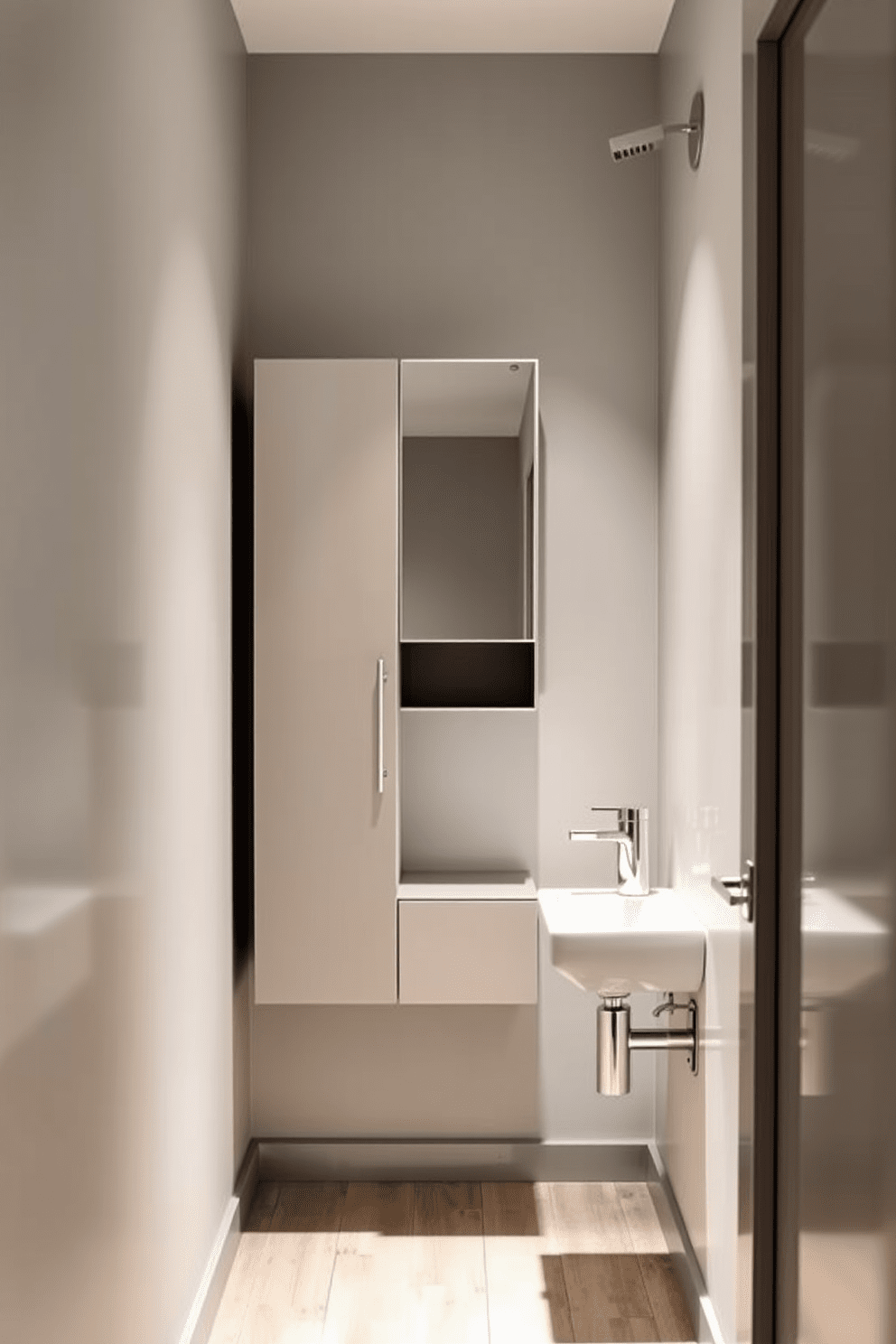 A narrow bathroom design featuring a sleek mirrored cabinet for storage is the focal point. The walls are painted in a soft gray, and the floor is adorned with light-colored wood tiles. To the right of the cabinet, a compact sink with a stylish faucet is installed. Above the sink, a modern light fixture casts a warm glow, enhancing the overall ambiance.