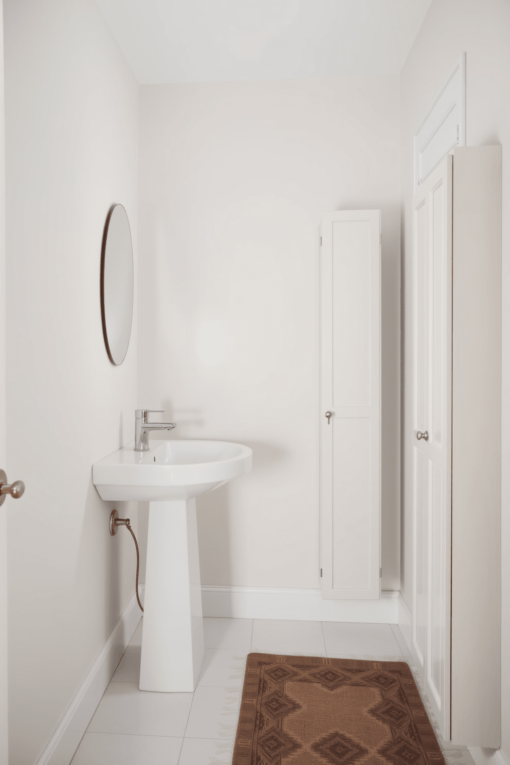 A narrow bathroom design featuring a sleek pedestal sink that adds a touch of elegance to the space. The walls are painted in a soft pastel hue, creating a serene atmosphere while maximizing light. To the right of the sink, a tall, slender cabinet offers storage without overwhelming the room. The floor is adorned with light-colored tiles that visually expand the space, complemented by a small decorative rug for warmth.