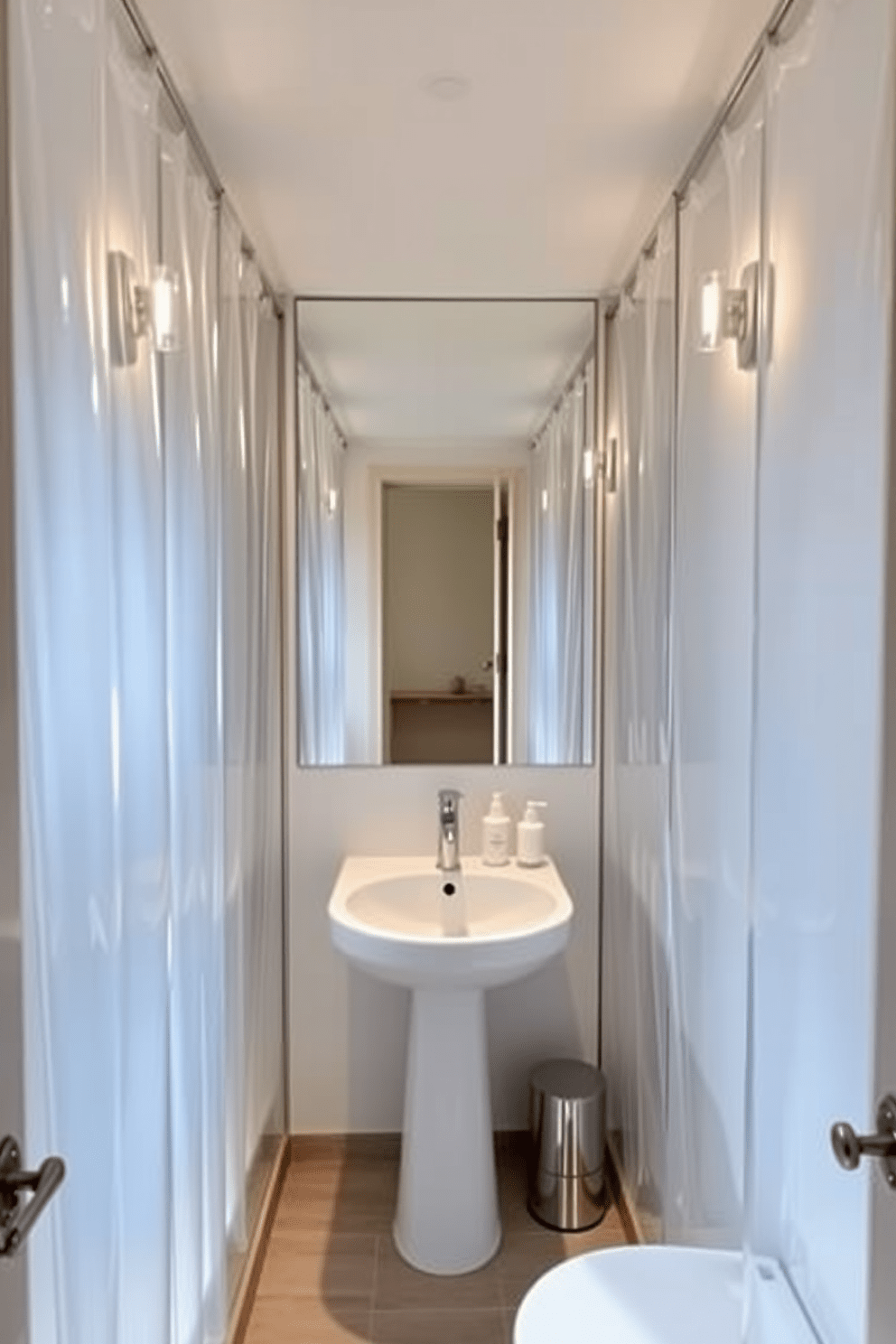 A narrow bathroom design featuring clear shower curtains to enhance the sense of openness. The layout includes a sleek pedestal sink and a compact toilet, maximizing space while maintaining functionality. Soft lighting fixtures are mounted on the walls, casting a warm glow throughout the room. The walls are painted in a light neutral color, and a large mirror is placed above the sink to create an illusion of depth.