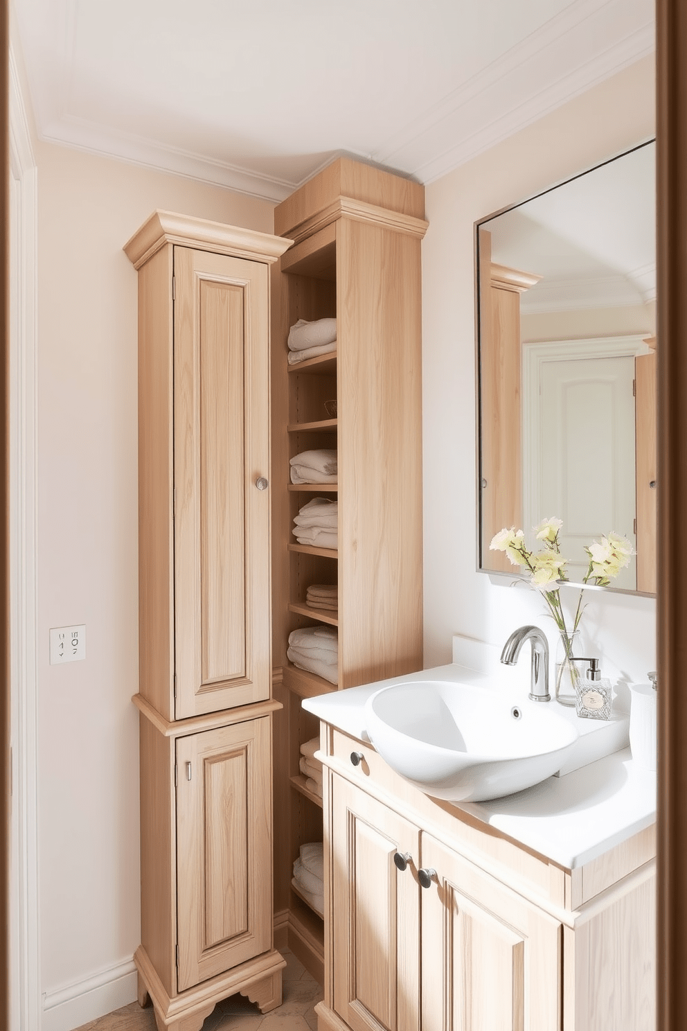 A narrow bathroom design featuring a tall cabinet for linens positioned against one wall. The cabinet is crafted from light wood with elegant detailing, providing ample storage while maintaining a sleek profile. The walls are painted in a soft, neutral tone to enhance the sense of space. A large, frameless mirror above the sink reflects natural light, making the room feel airy and open.