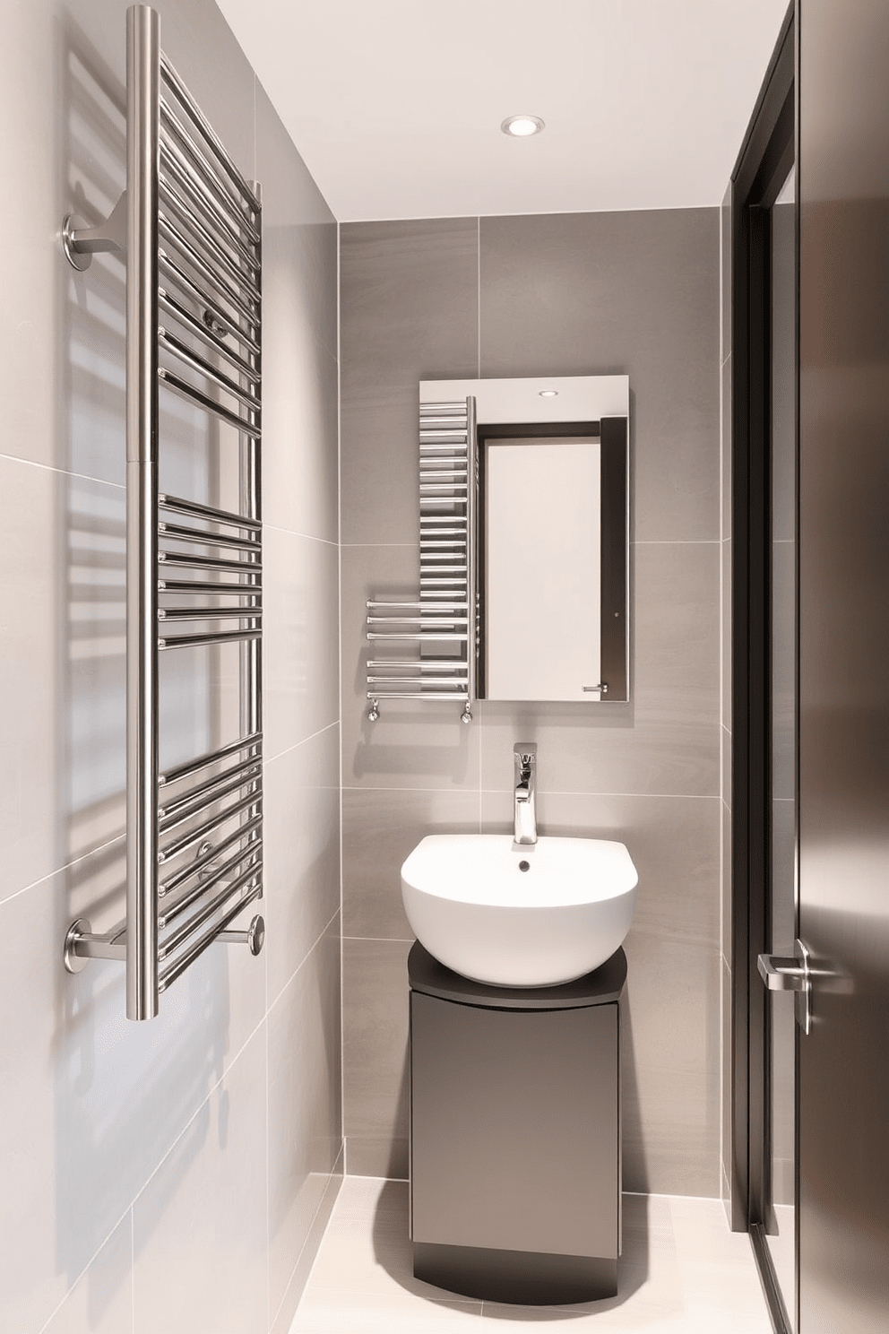 A narrow bathroom featuring a sleek heated towel rack mounted on the wall, providing warmth and convenience. The walls are adorned with light gray tiles, and a compact vanity with a modern sink maximizes space while maintaining style.