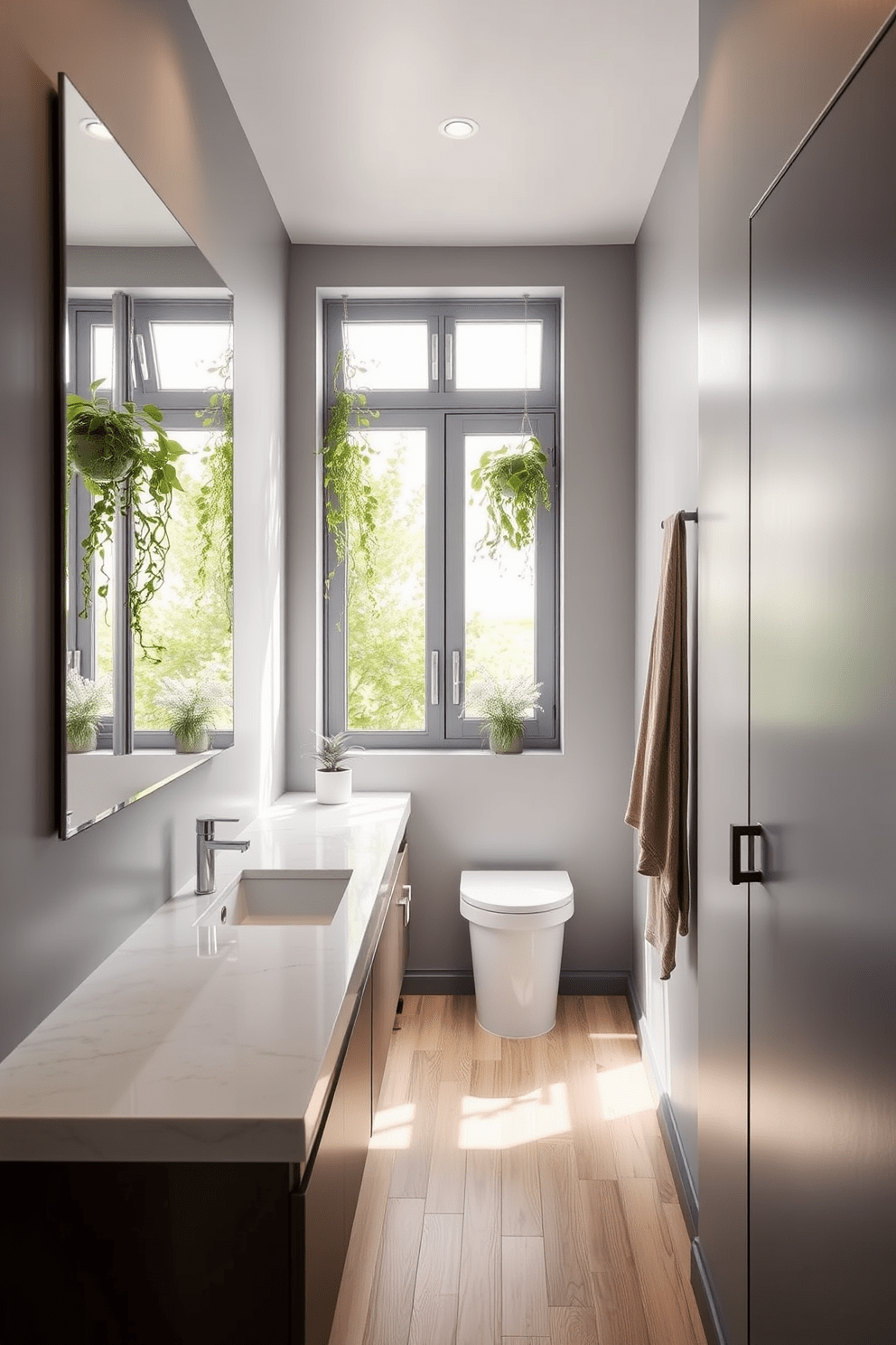 A narrow bathroom design featuring a sleek, elongated vanity with a quartz countertop and a single modern sink. The walls are painted in a soft gray tone, while a large vertical mirror enhances the sense of space. Incorporate greenery with hanging plants near the window and a small potted fern on the countertop. The floor is adorned with light-colored wood tiles, creating a warm and inviting atmosphere.